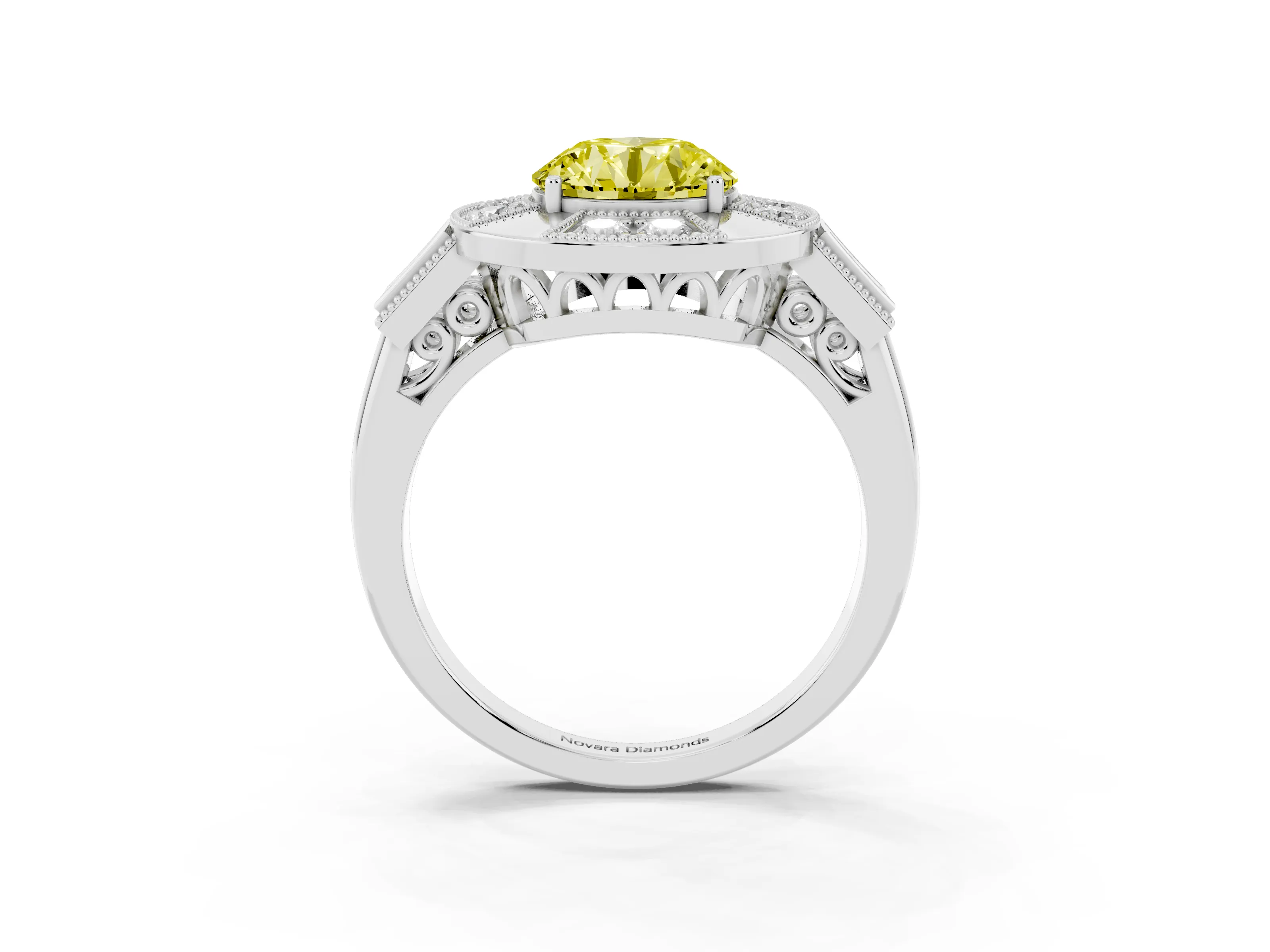 Fancy Yellow Round Cut Diamond Milgrain Halo Ring Set in Platinum with Split Shank