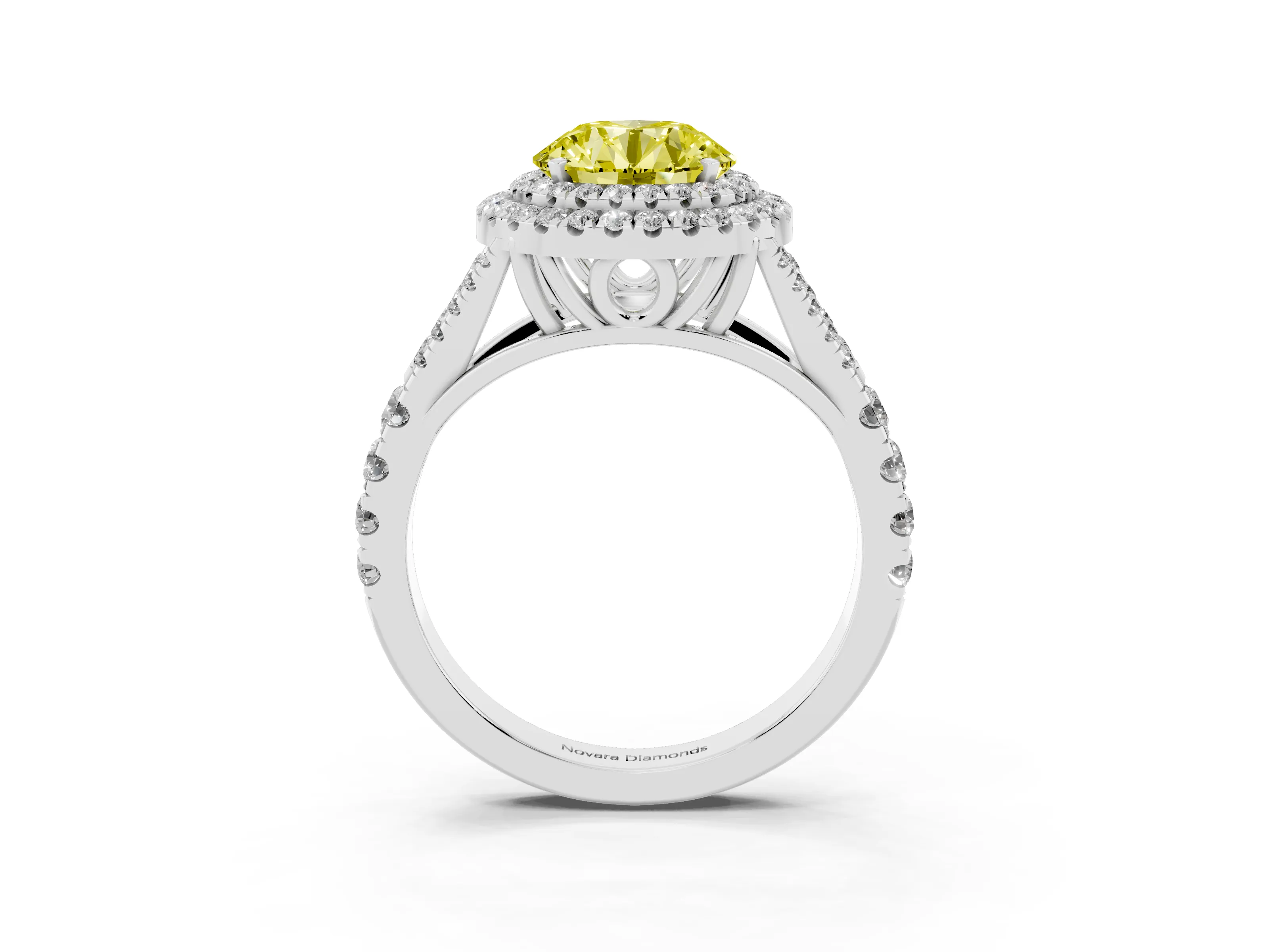 Fancy Yellow Round Cut Diamond Pavé Split Shank Double Halo Engagement Ring Set in Silver