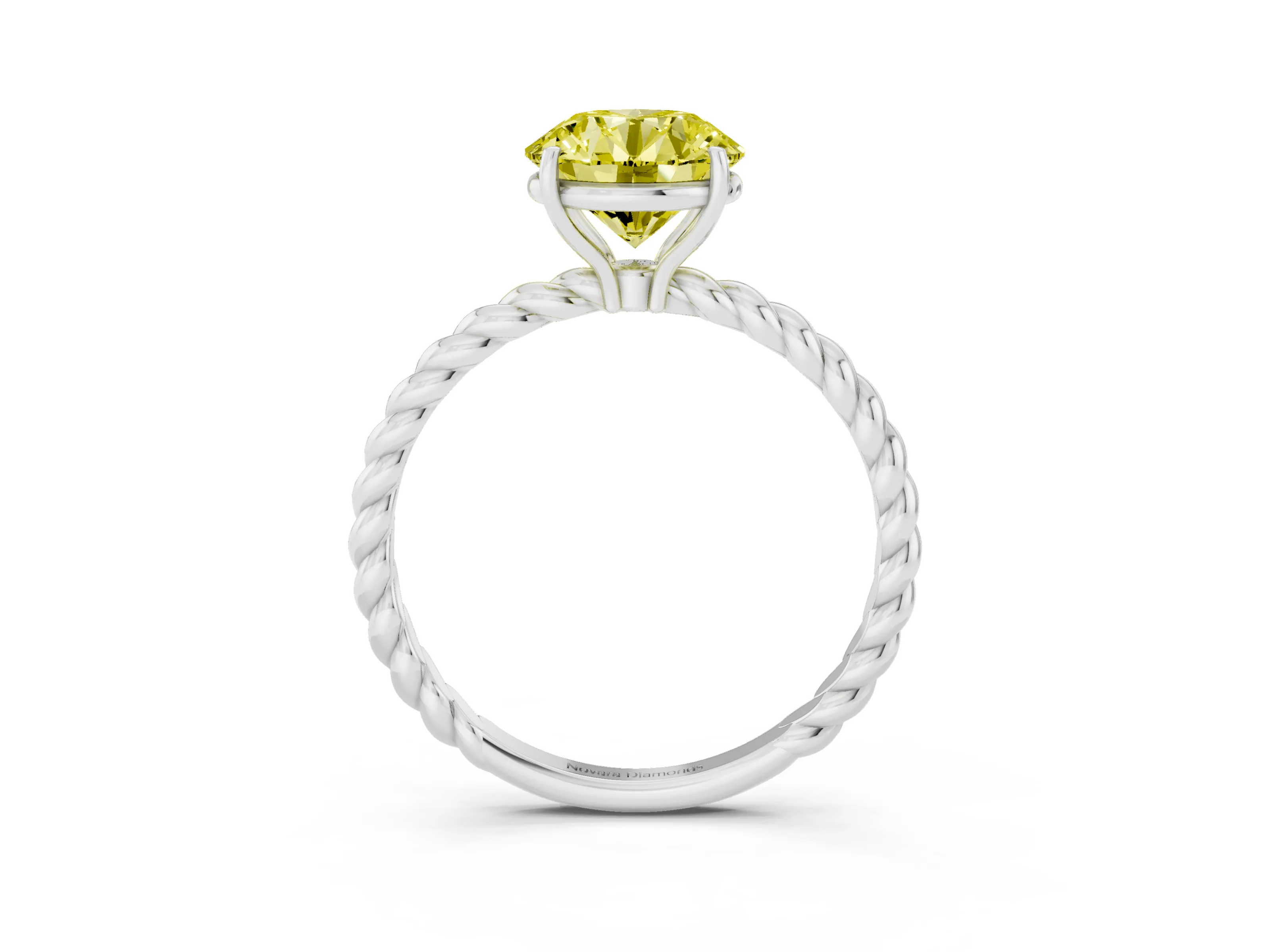 Fancy Yellow Round Cut Diamond Solitaire Ring Set in Platinum with Twist Band and Prong Setting