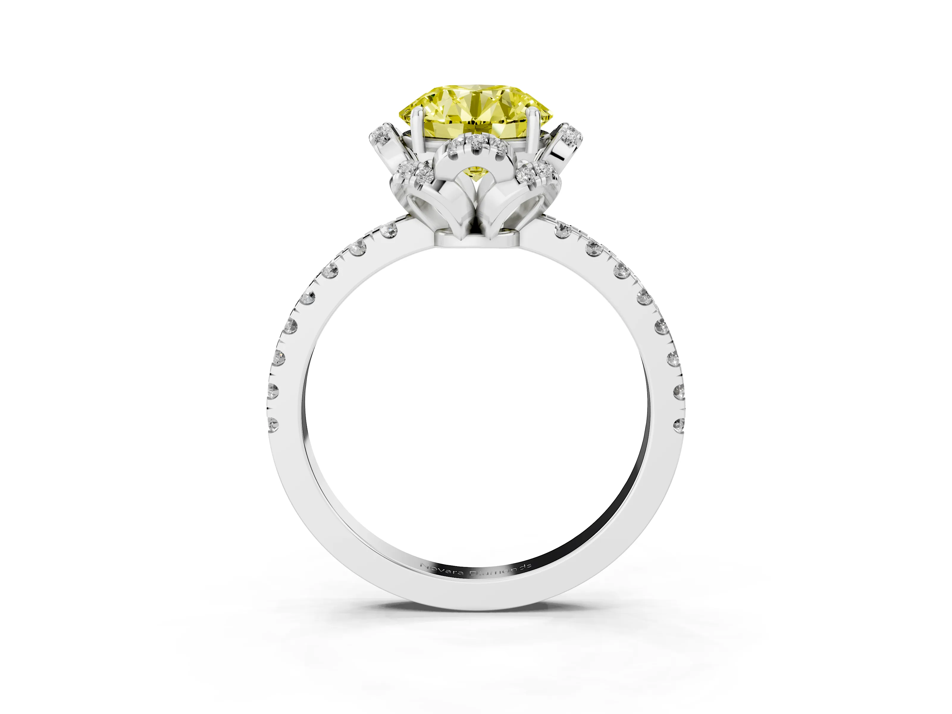 Fancy Yellow Round Cut Diamond Halo Pavé Band Ring Set in White gold with Prong-Held Center