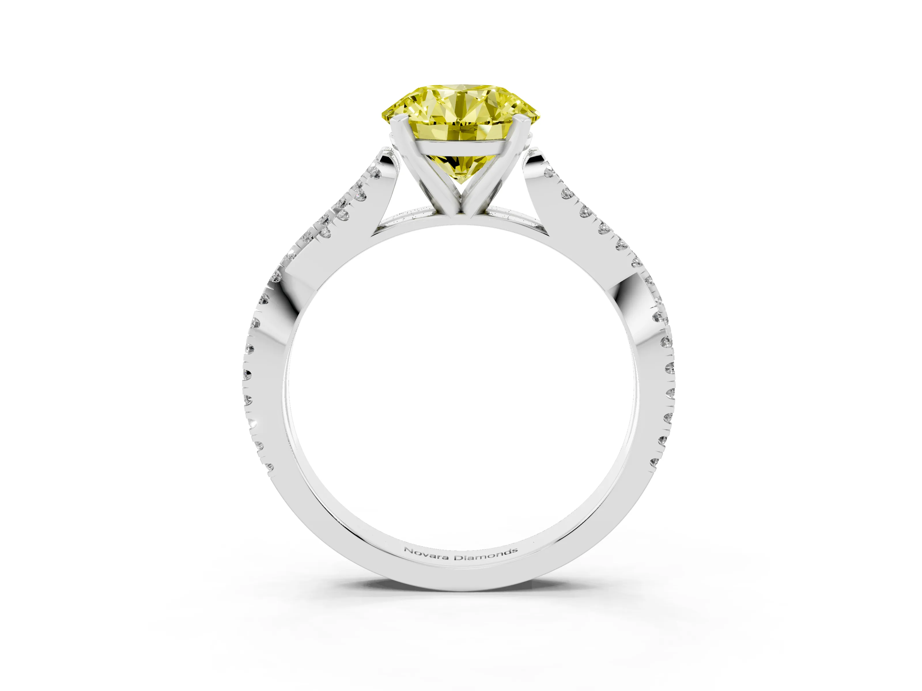 Fancy Yellow Round Cut Diamond Solitaire Engagement Ring Set in White gold with Twisted Pavé Band and Prong Setting
