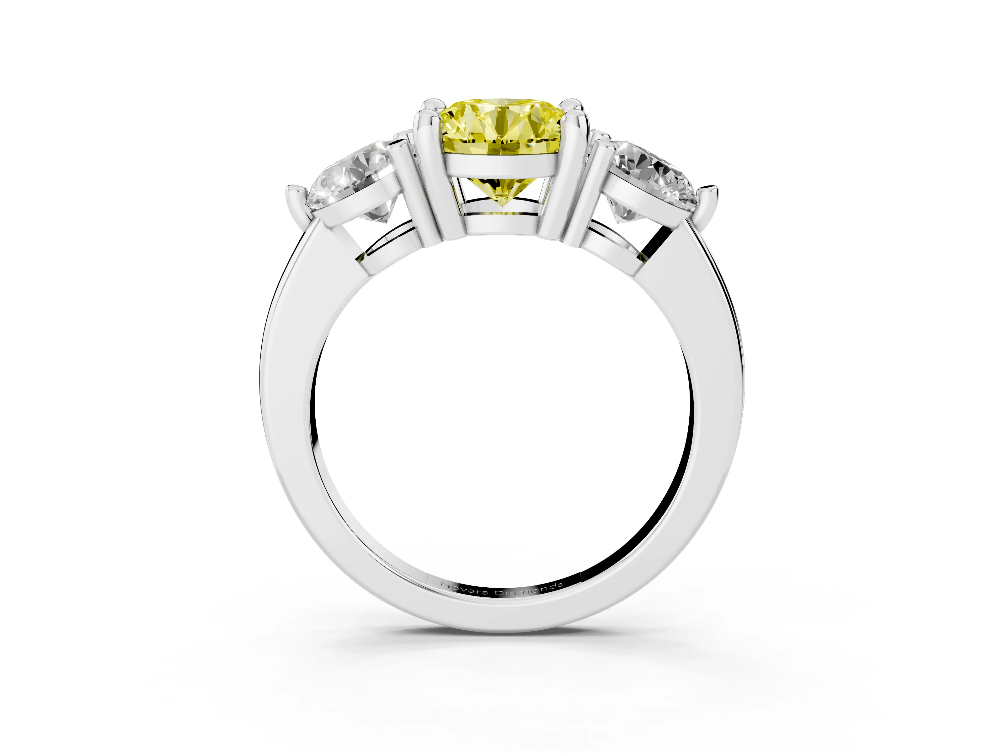 Fancy Yellow Round Cut Diamond Three-Stone Ring Set in Platinum with Prong Setting and Classic Band