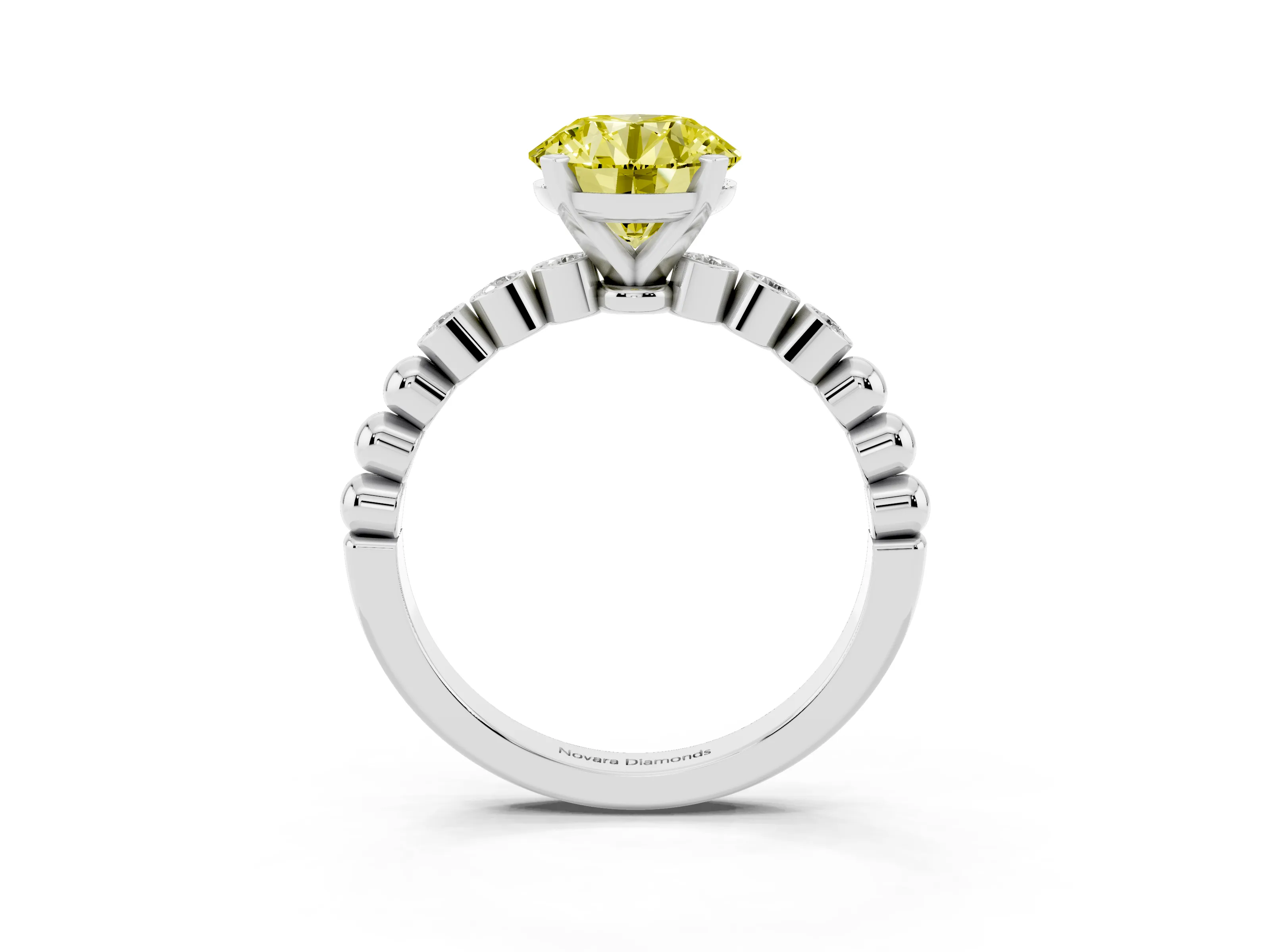 Fancy Yellow Round Cut Diamond Solitaire Engagement Ring Set in White gold with Bezel Accents on Beaded Band