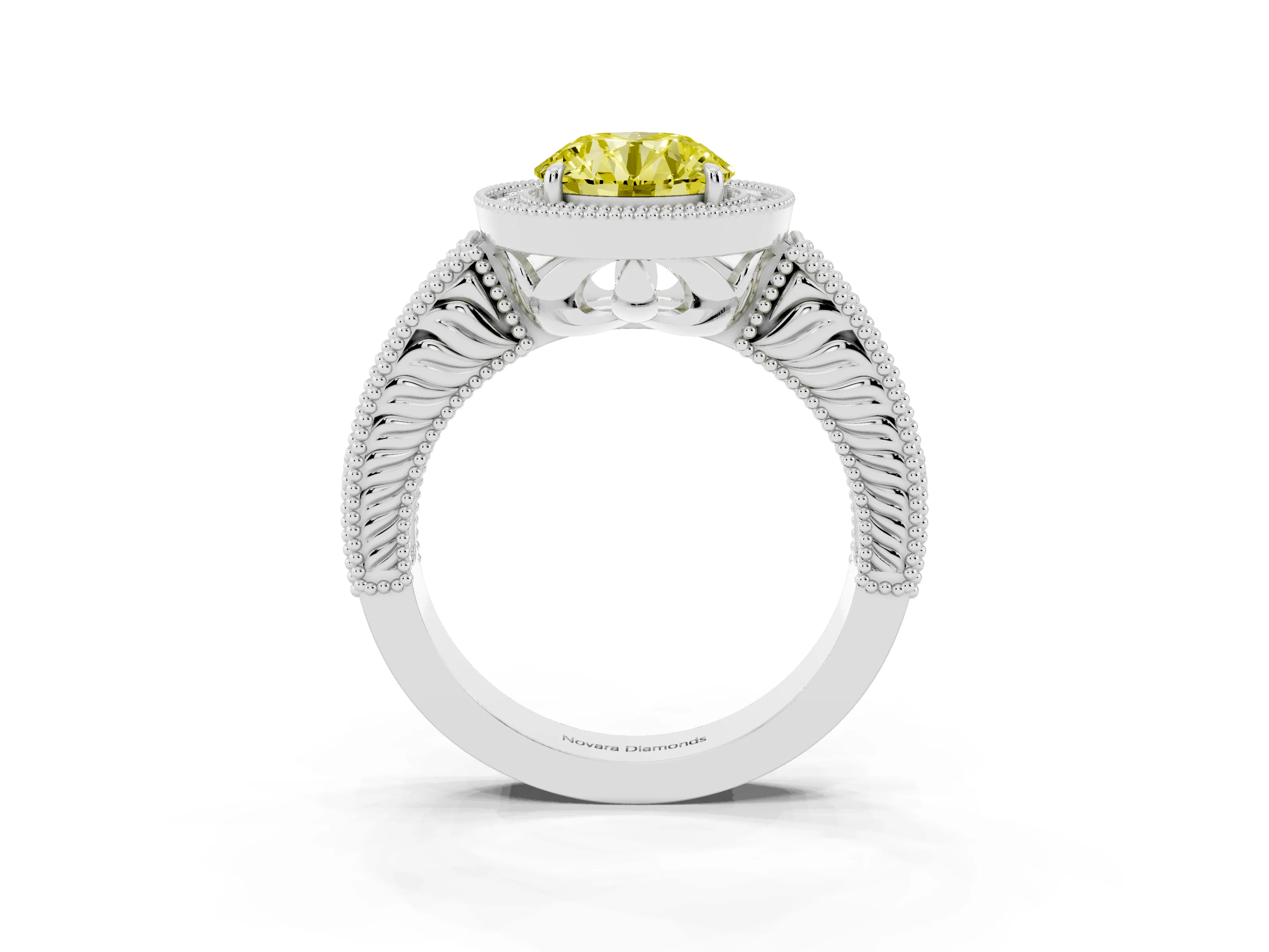 Fancy Yellow Round Cut Diamond Halo Ring Set in Silver with Round Accent Halo, Pavé Band and Prong Setting