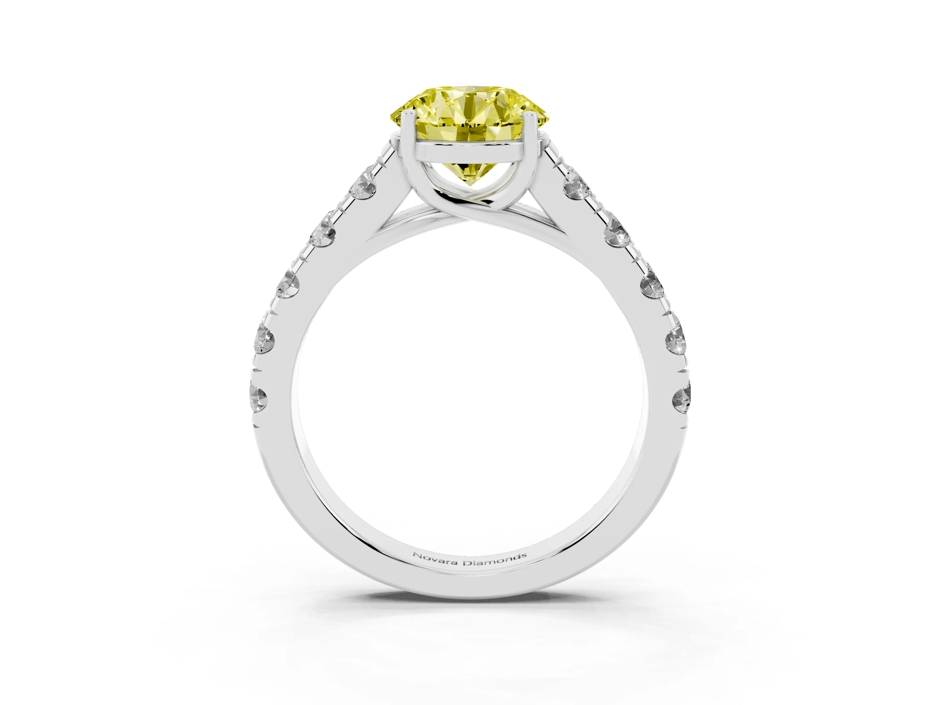 Fancy Yellow Round Cut Diamond Solitaire Ring Set in Platinum with Cut-Down Micro Pavé Band and Prong Setting