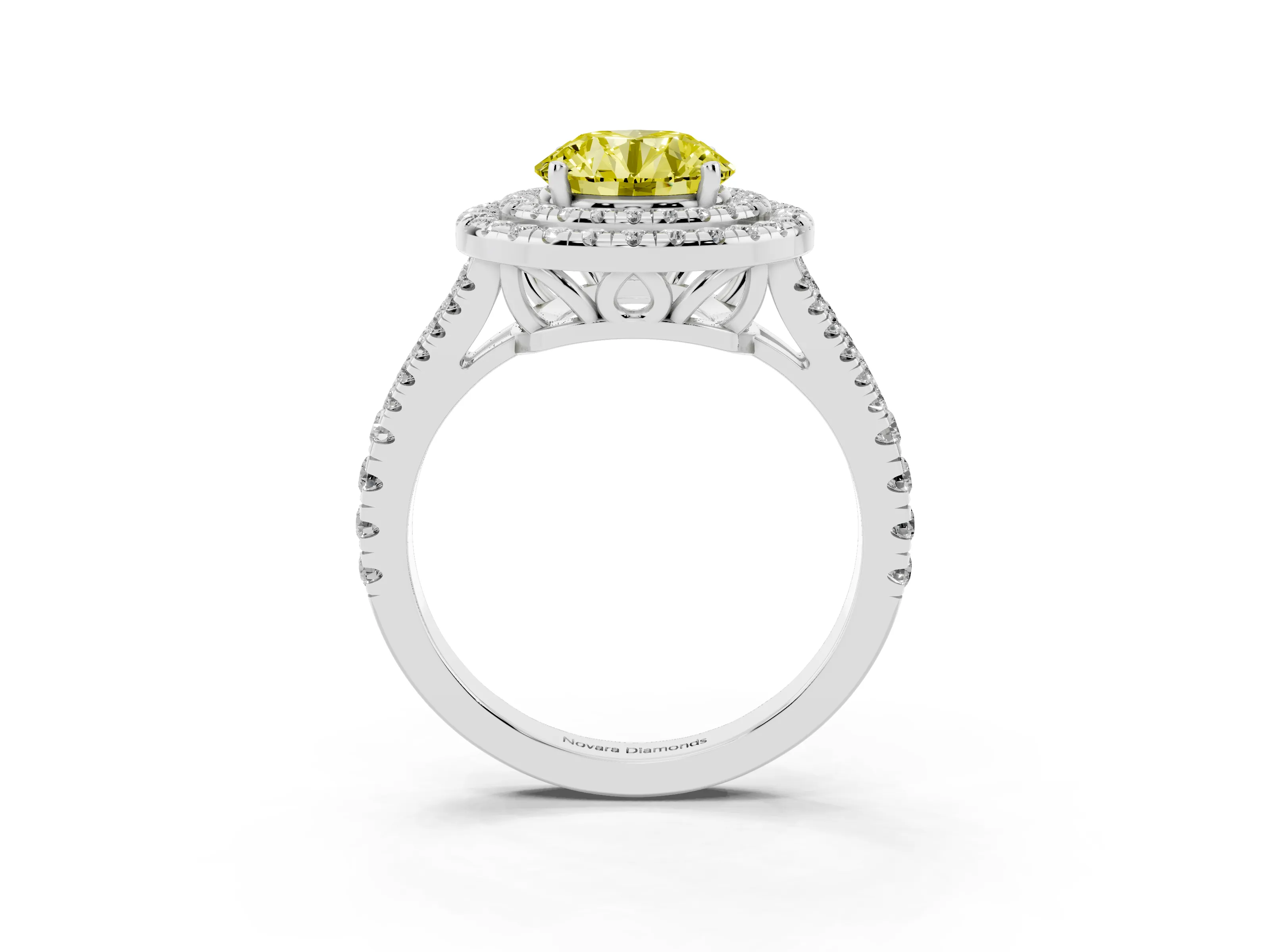 Fancy Yellow Round Cut Diamond Double Halo Ring Set in White gold with Pavé Band