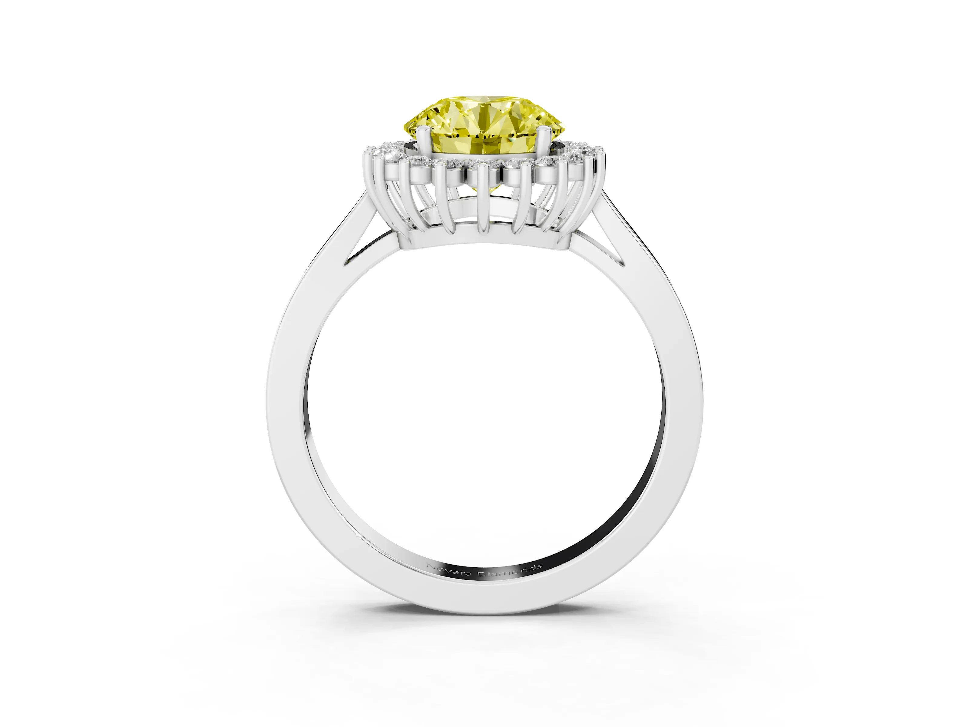 Fancy Yellow Round Cut Diamond Halo Ring Set in White gold with Round Halo and Smooth Solitaire Band