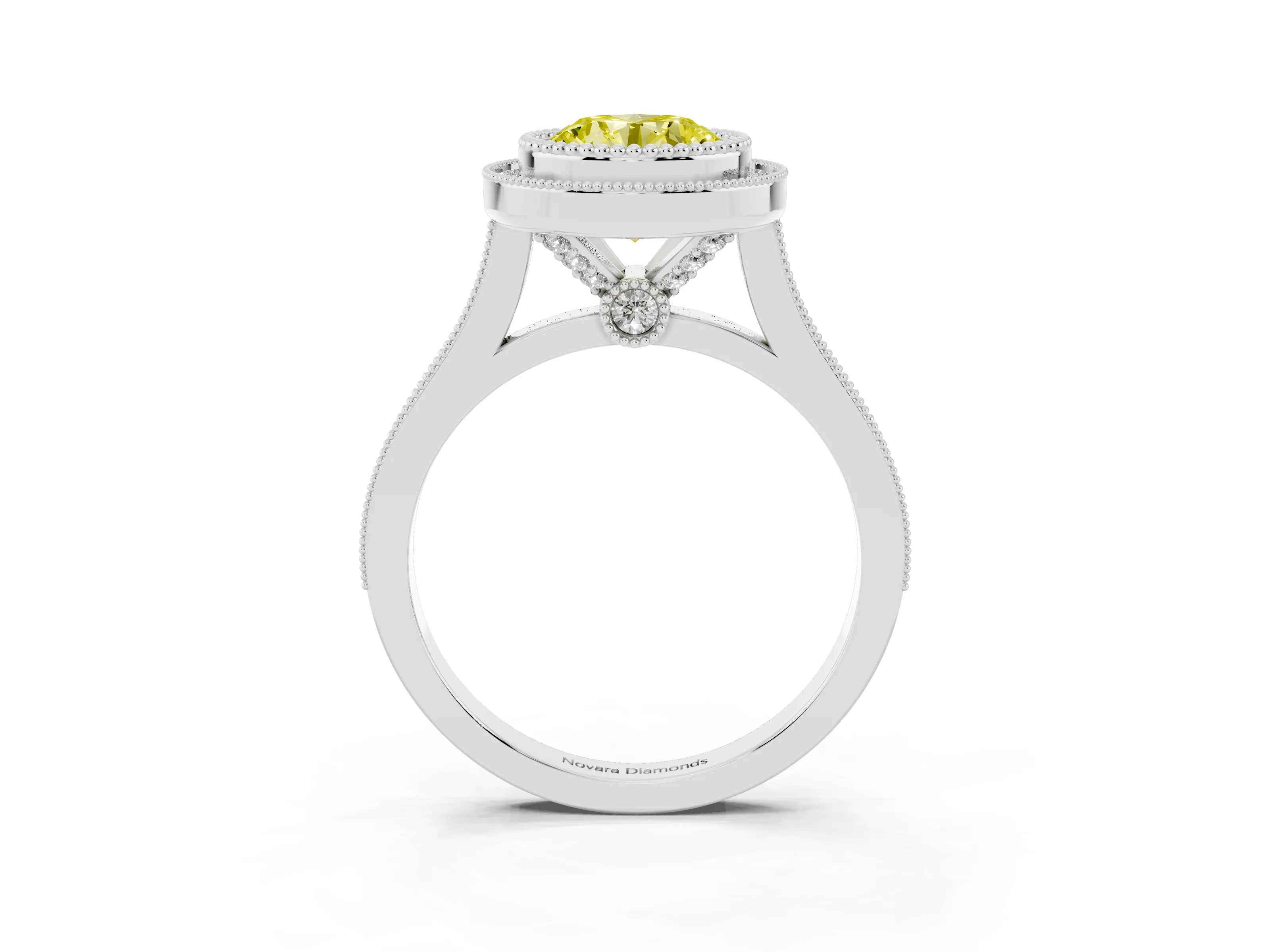 Fancy Yellow Round Cut Diamond Halo Ring Set in Silver with Milgrain Frame and Pavé Band
