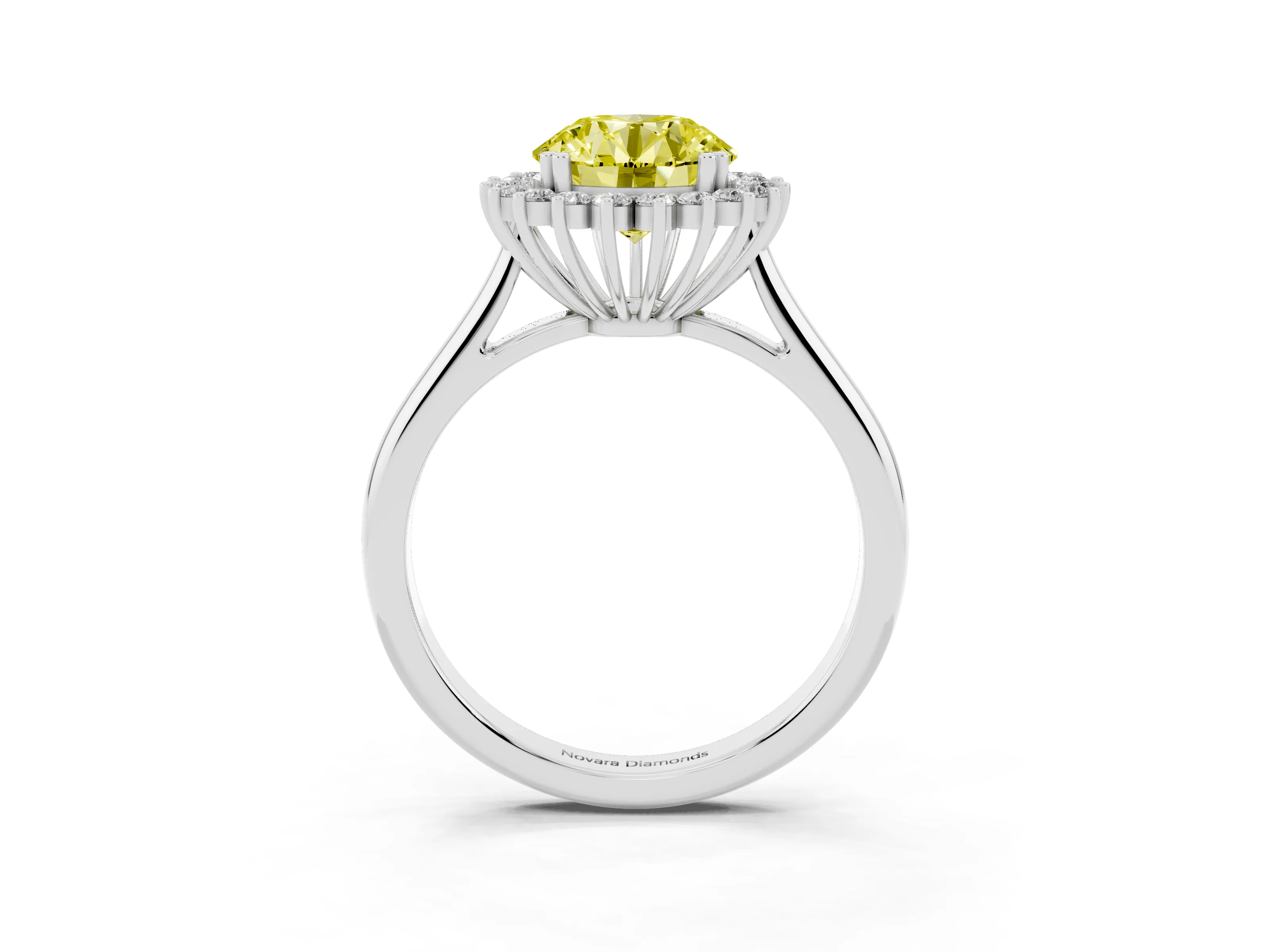 Fancy Yellow Round Cut Diamond Halo Ring Set in Platinum with Plain Solitaire Band and Prong Setting