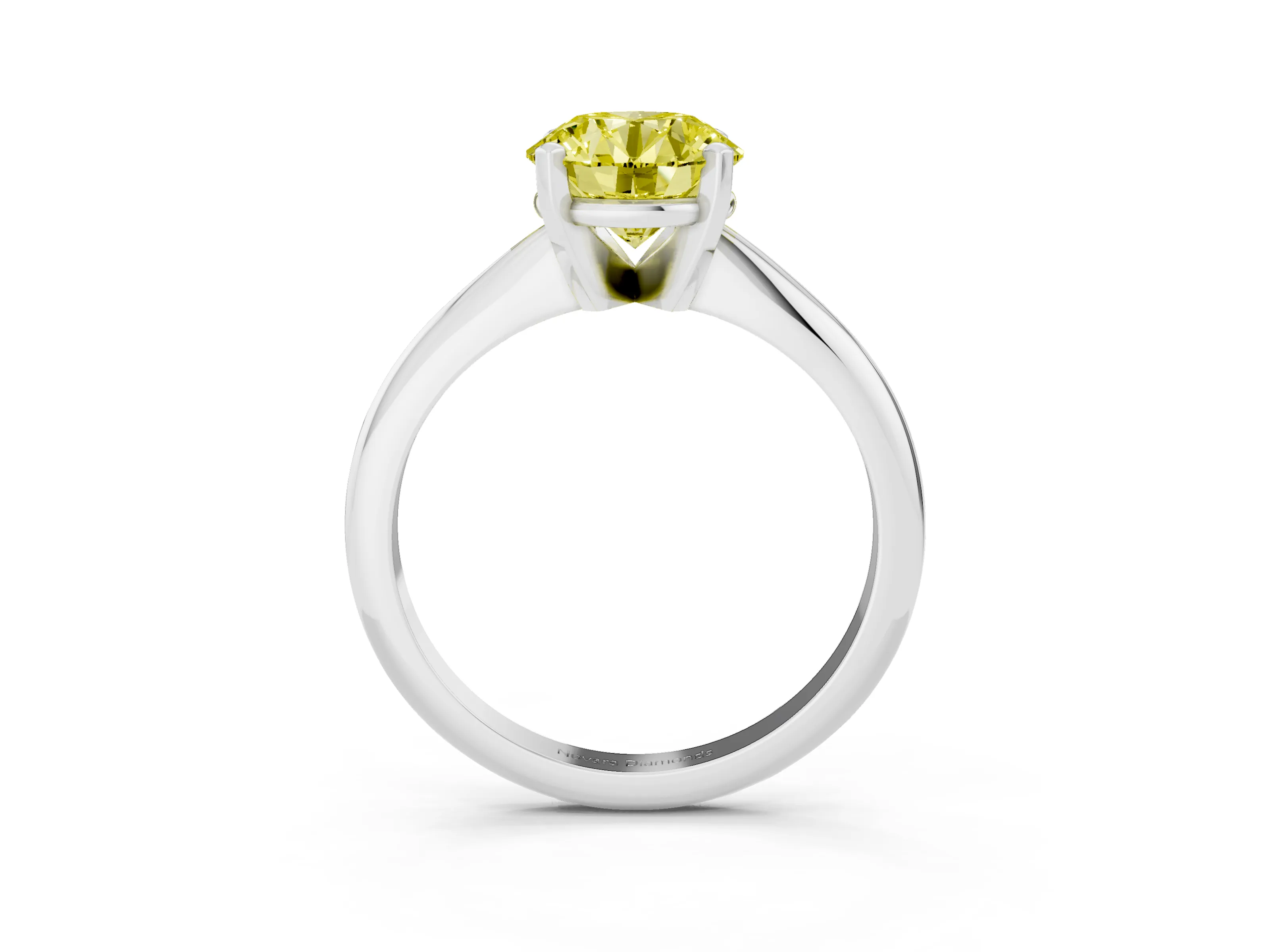 Fancy Yellow Round Cut Diamond Solitaire Ring Set in White gold with Prong Setting on a Plain Round Band