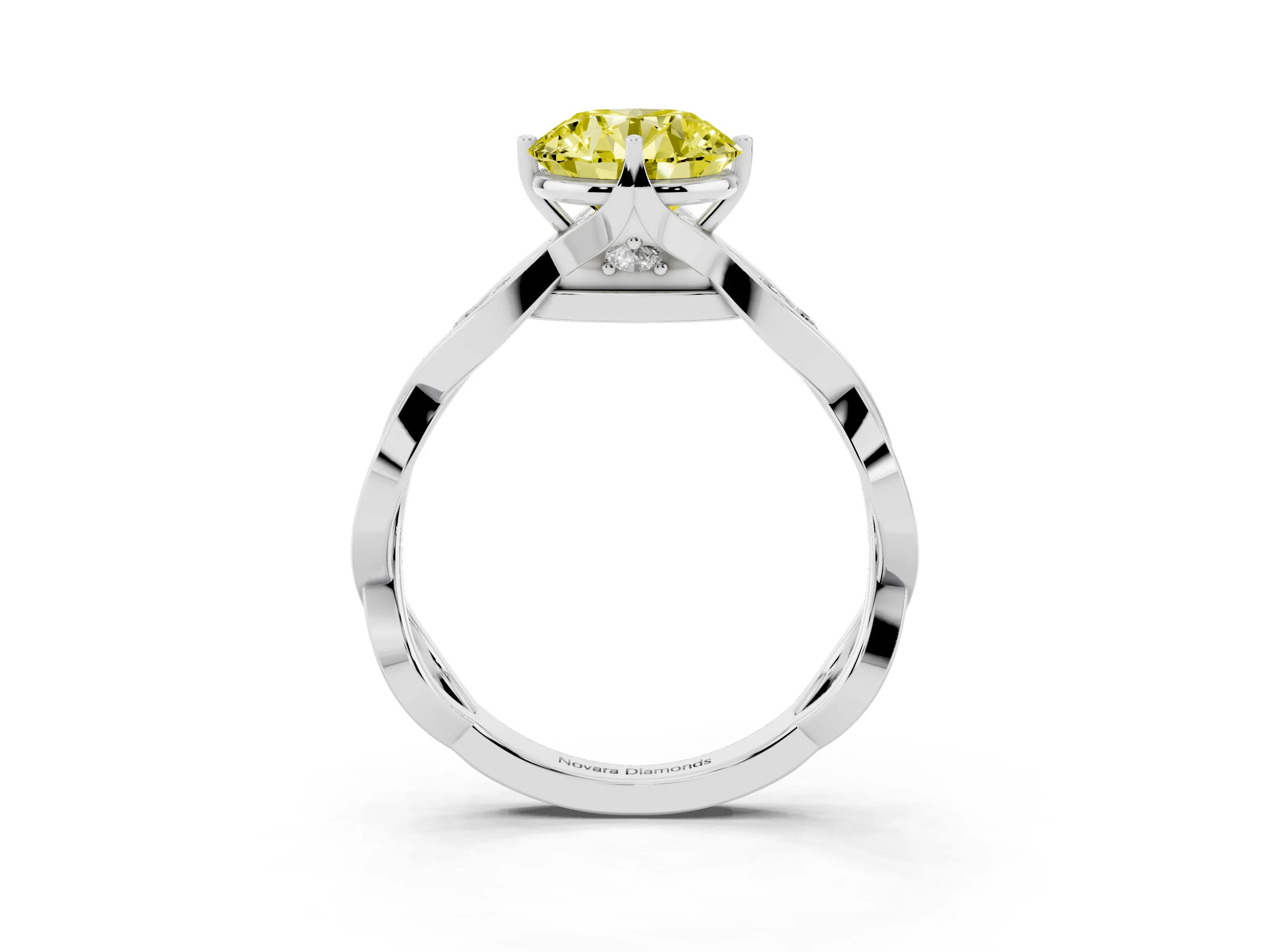 Fancy Yellow Round Cut Diamond Twist Band Solitaire Ring Set in Platinum with Leaf Prong Setting and Accent Stones