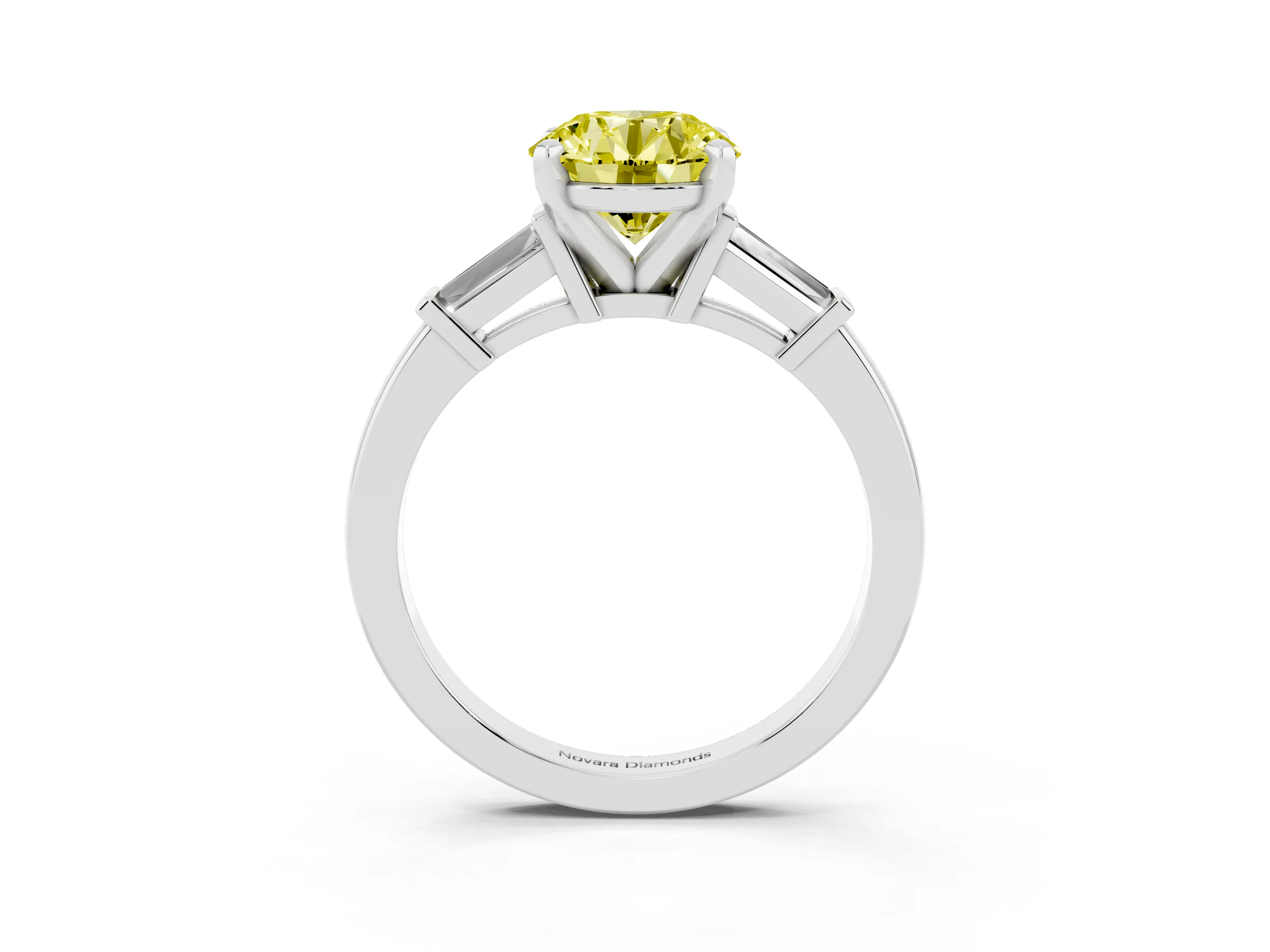 Fancy Yellow Round Cut Diamond Solitaire Ring Set in Platinum with Tapered Baguette Accents and Prong Setting