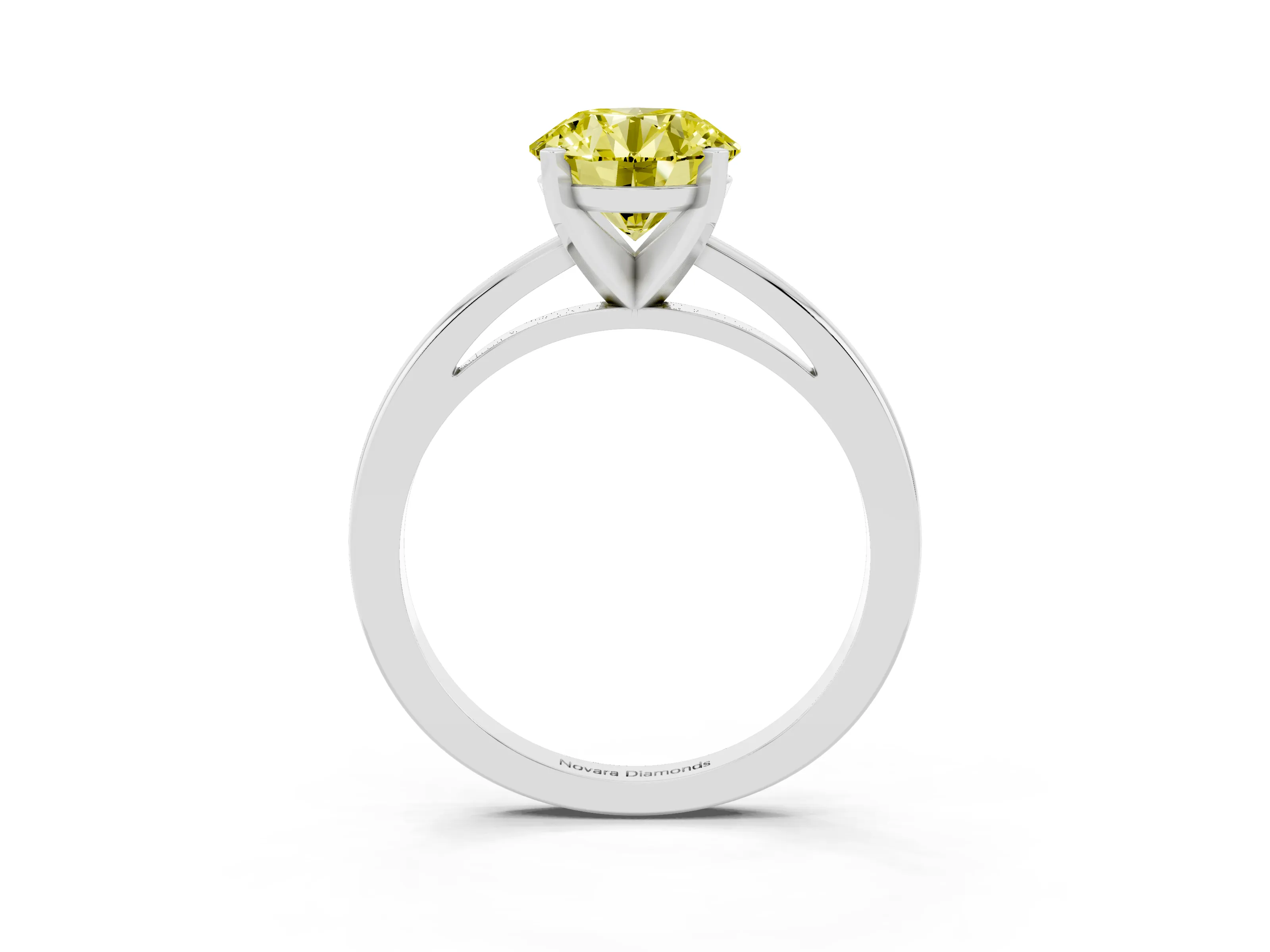 Fancy Yellow Round Cut Diamond Solitaire Engagement Ring Set in Platinum with Prong Setting on a Classic Band