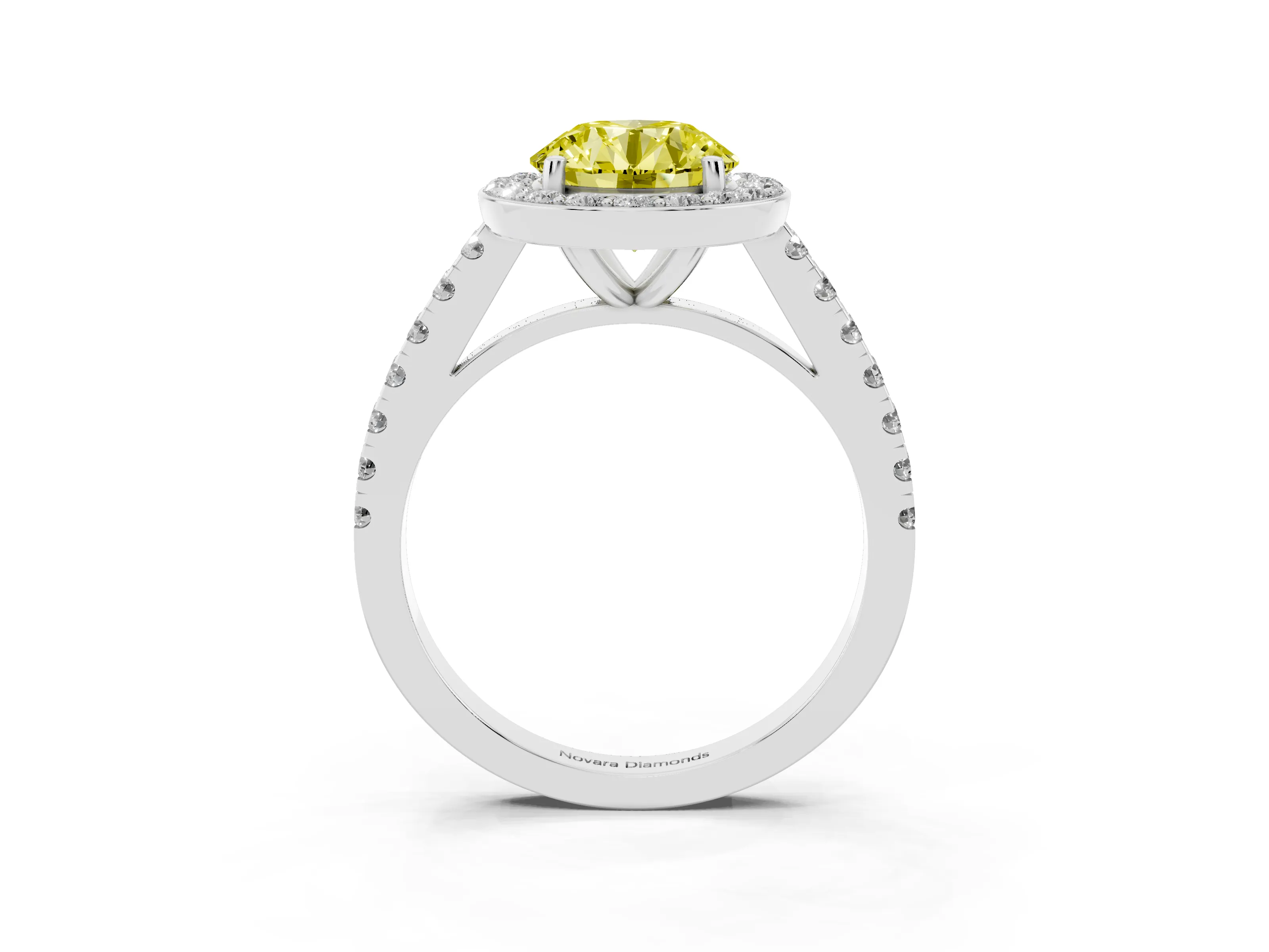 Fancy Yellow Round Cut Diamond Halo Ring Set in Platinum with Round Pavé Split Shank and Prong Setting
