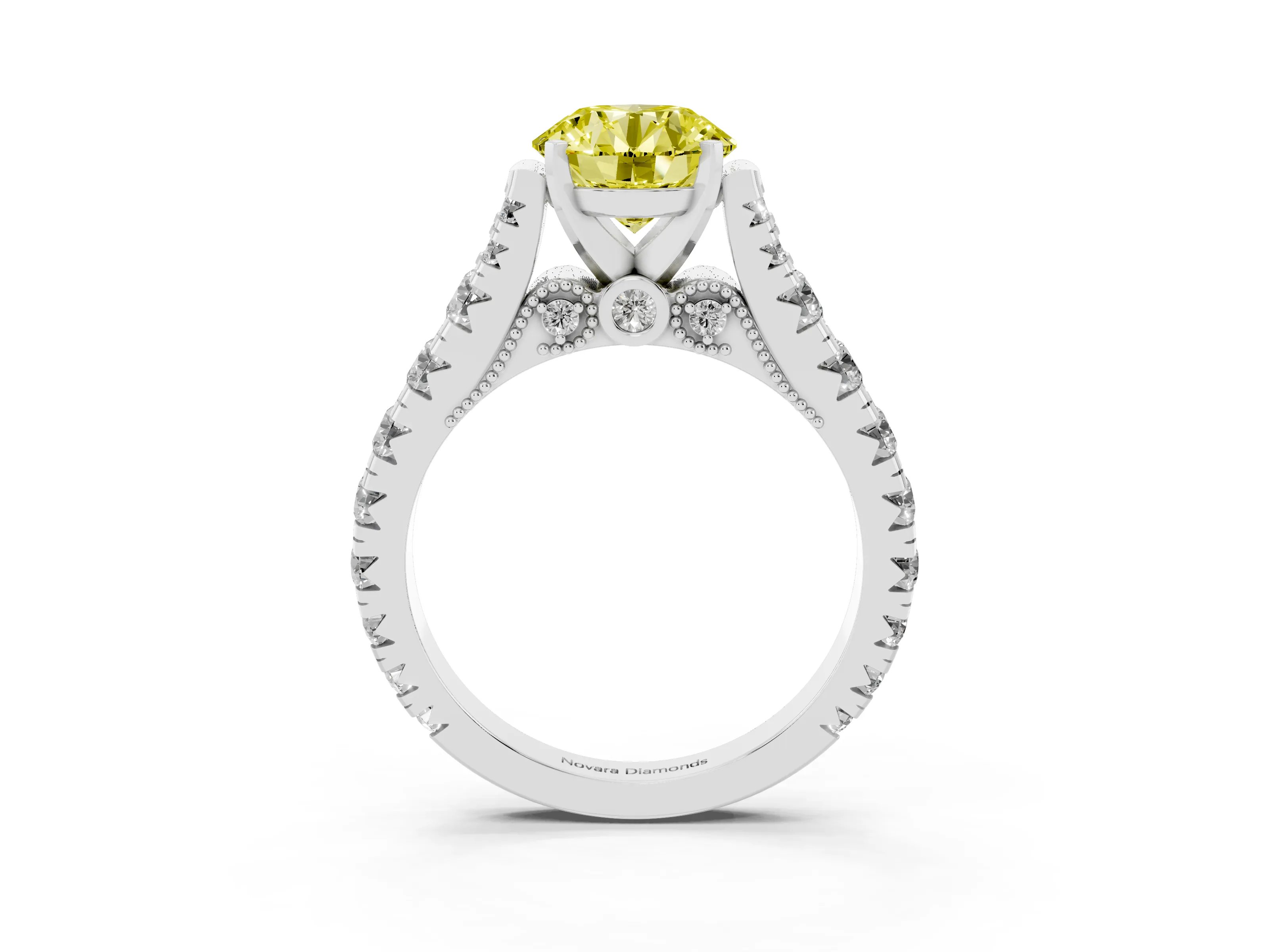Fancy Yellow Round Cut Diamond Classic Solitaire Ring Set in Platinum with Pavé Band and Prong Setting