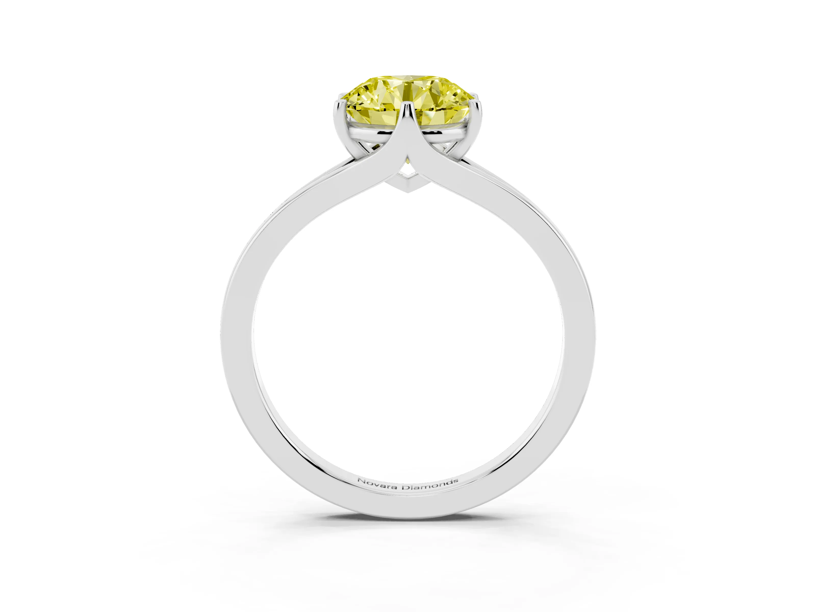 Fancy Yellow Round Cut Diamond Solitaire Ring Set in Silver with Polished Tapered Band and Prong Setting