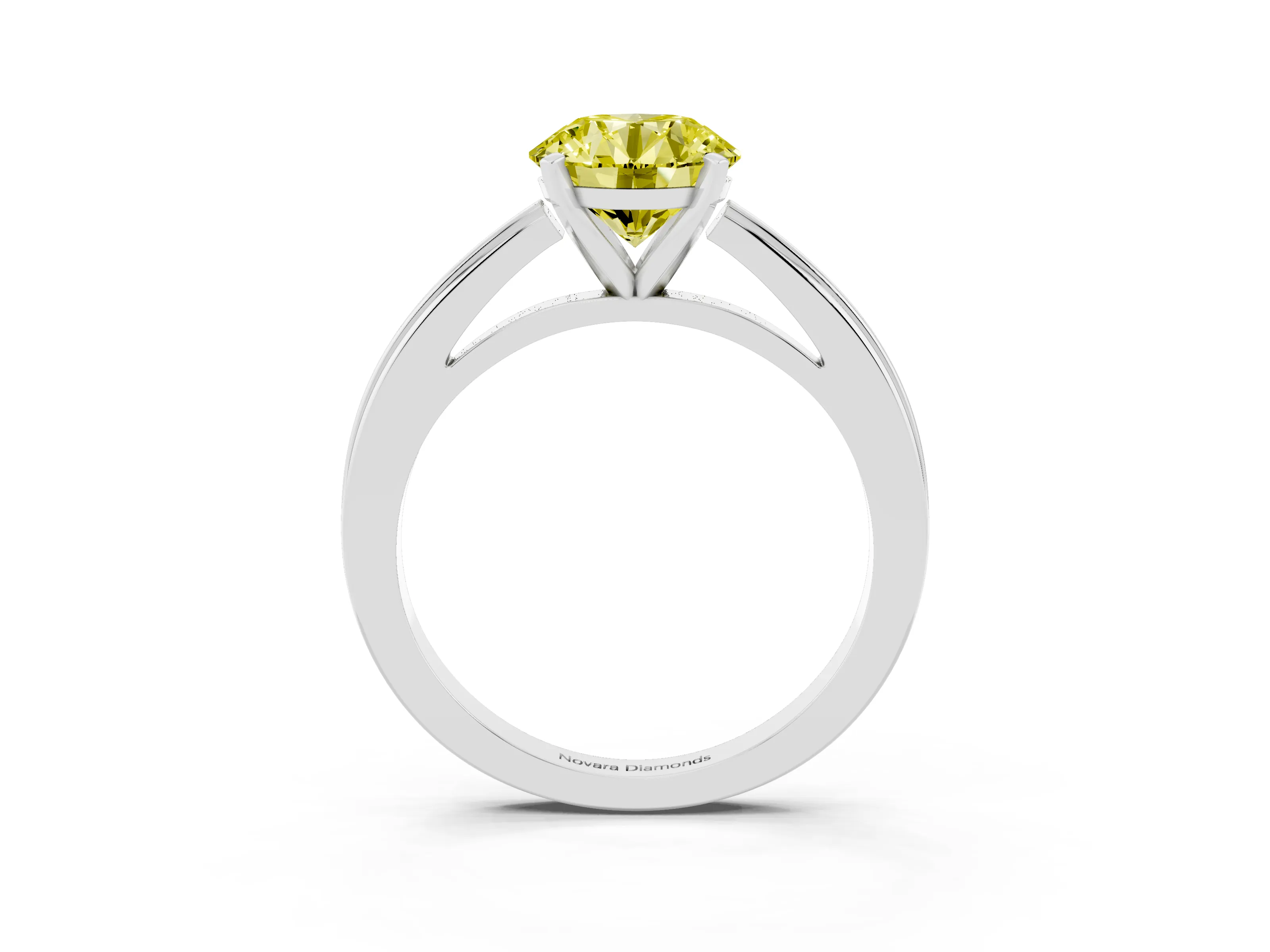 Fancy Yellow Round Cut Diamond Solitaire Ring Set in Platinum with Prong Setting and Classic Band