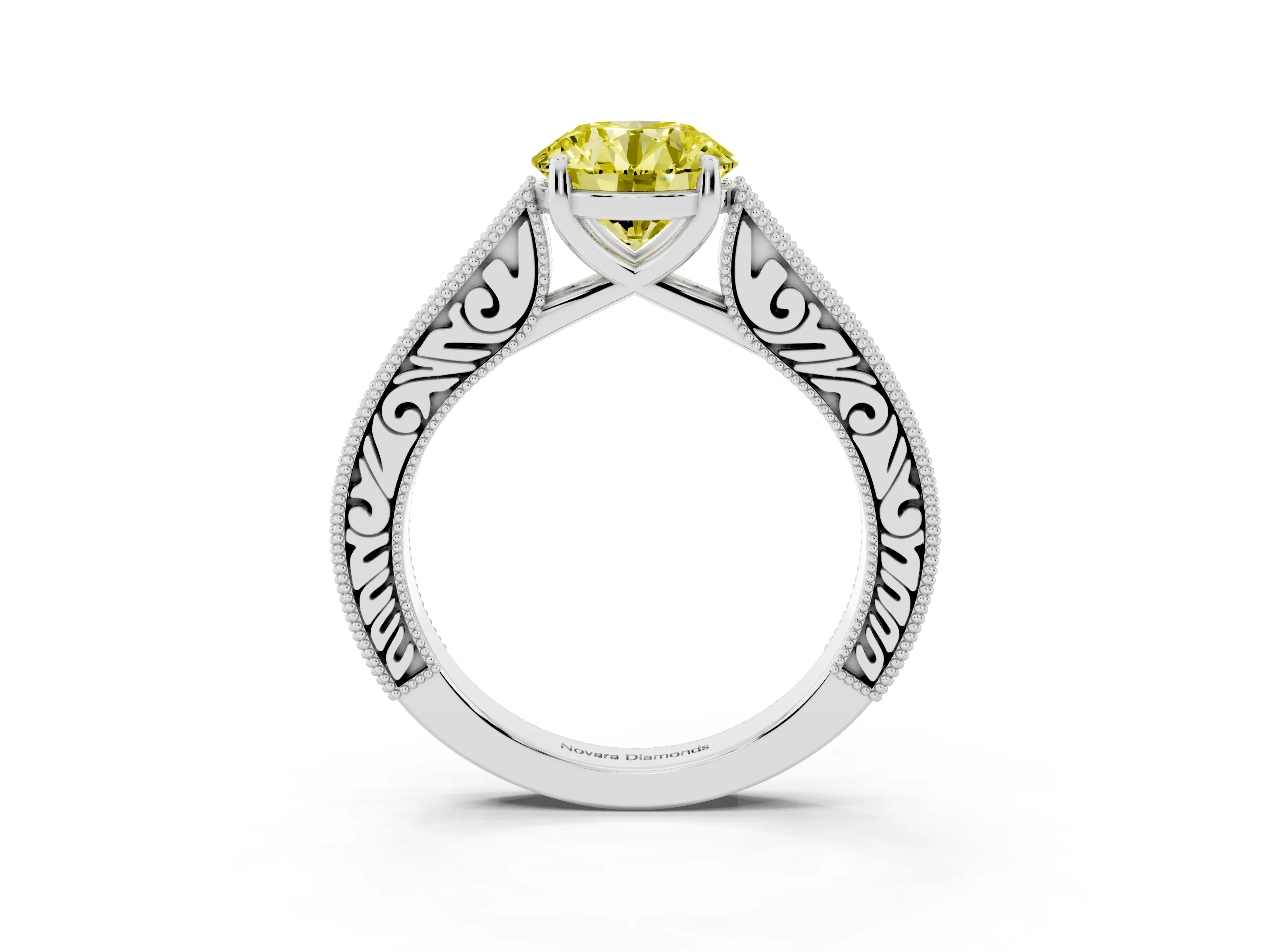 Fancy Yellow Round Cut Diamond Milgrain Pavé Band Solitaire Ring Set in Silver with Prong Setting