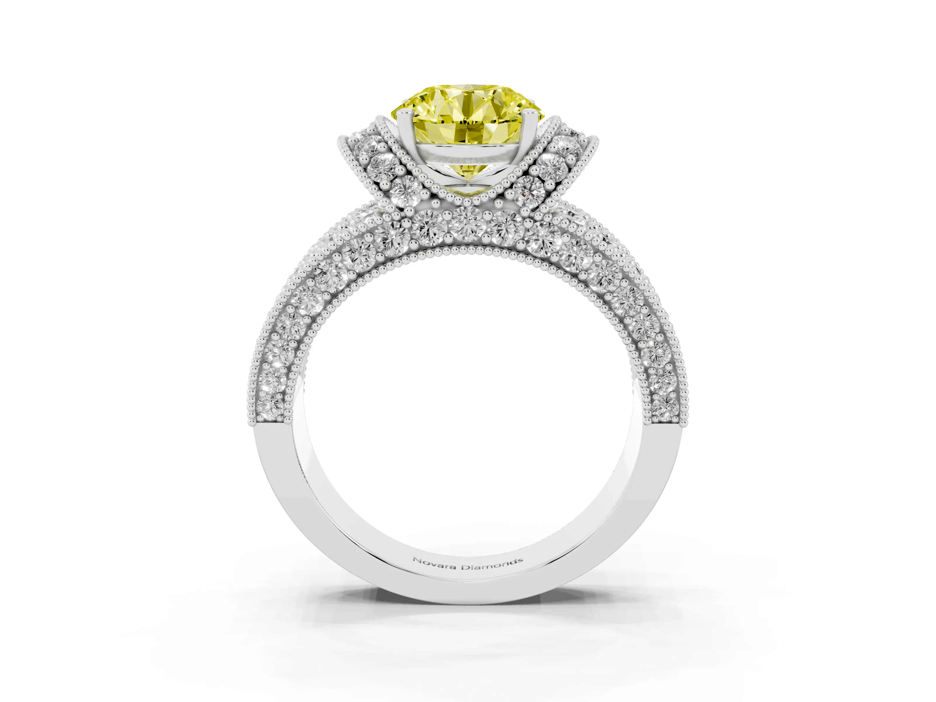 Fancy Yellow Round Cut Diamond Milgrain Halo Pavé Engagement Ring Set in Silver with Prong Setting