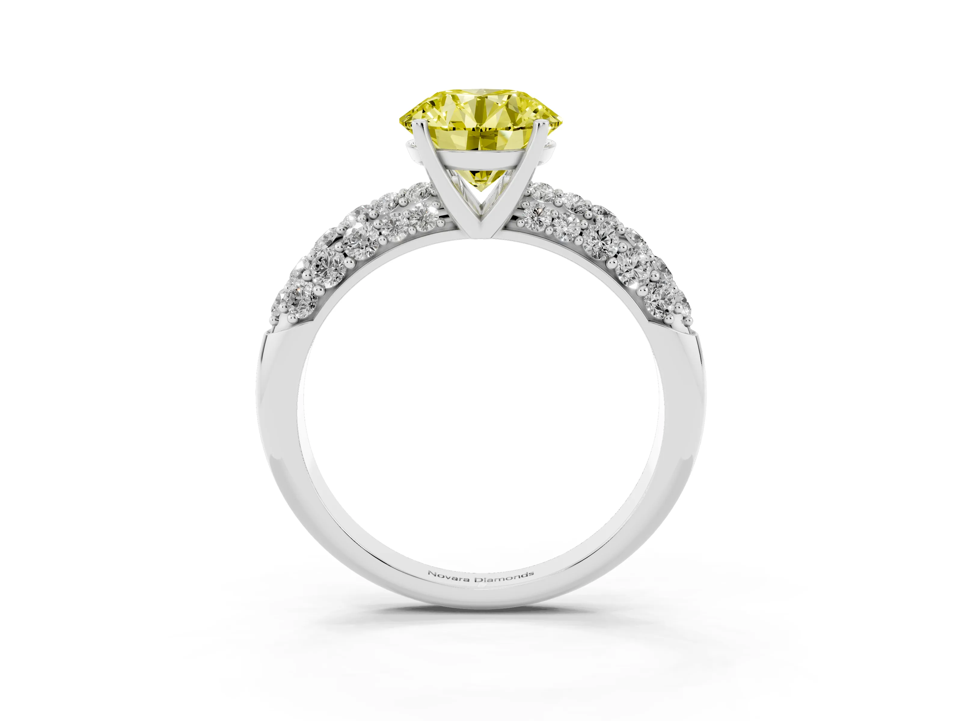 Fancy Yellow Round Cut Diamond Pavé Band Solitaire Ring Set in Silver with Close-Set Accent Stones and Prong Setting