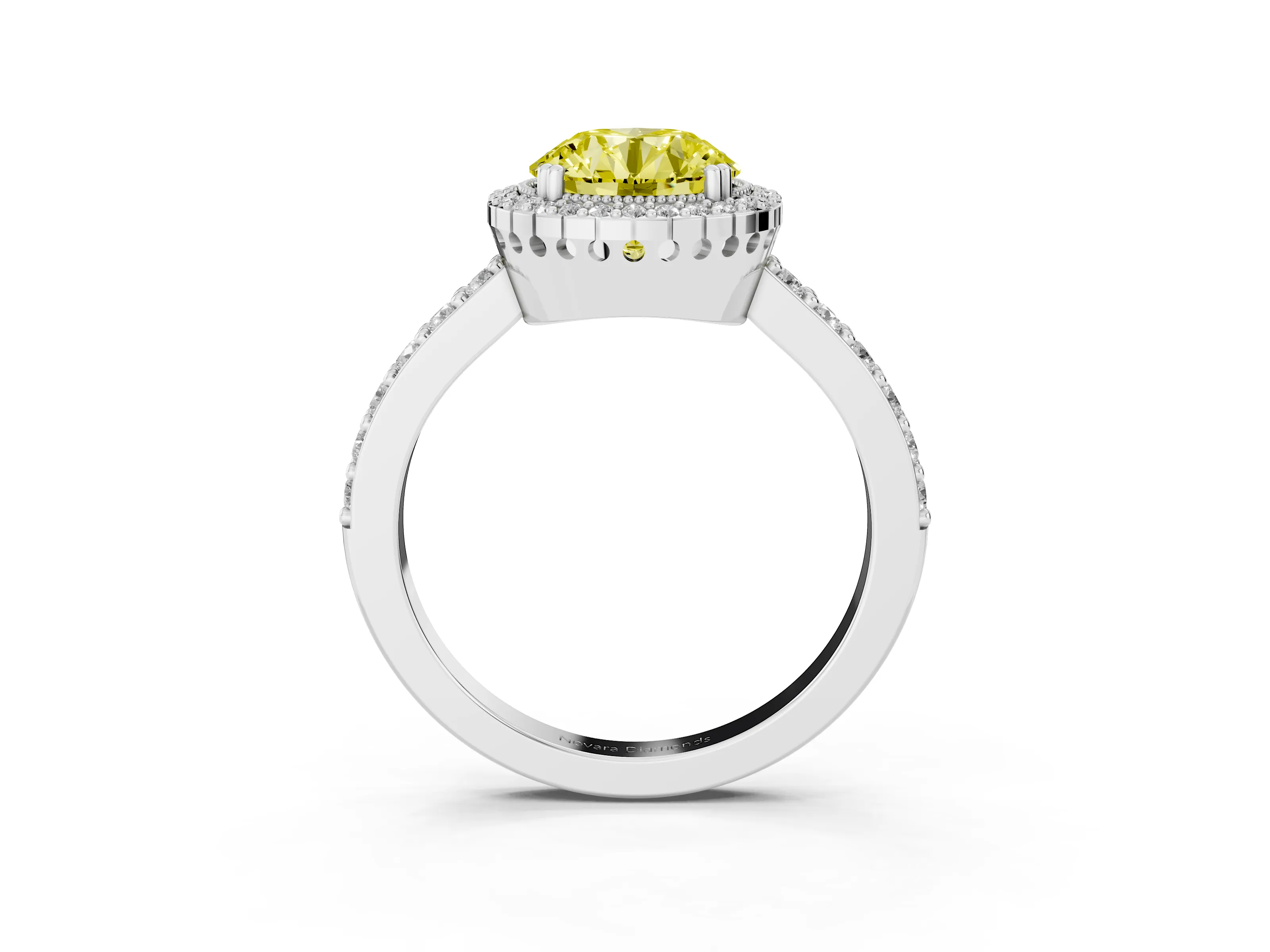 Fancy Yellow Round Cut Diamond Halo Engagement Ring Set in White gold with Milgrain Detail and Pavé Band