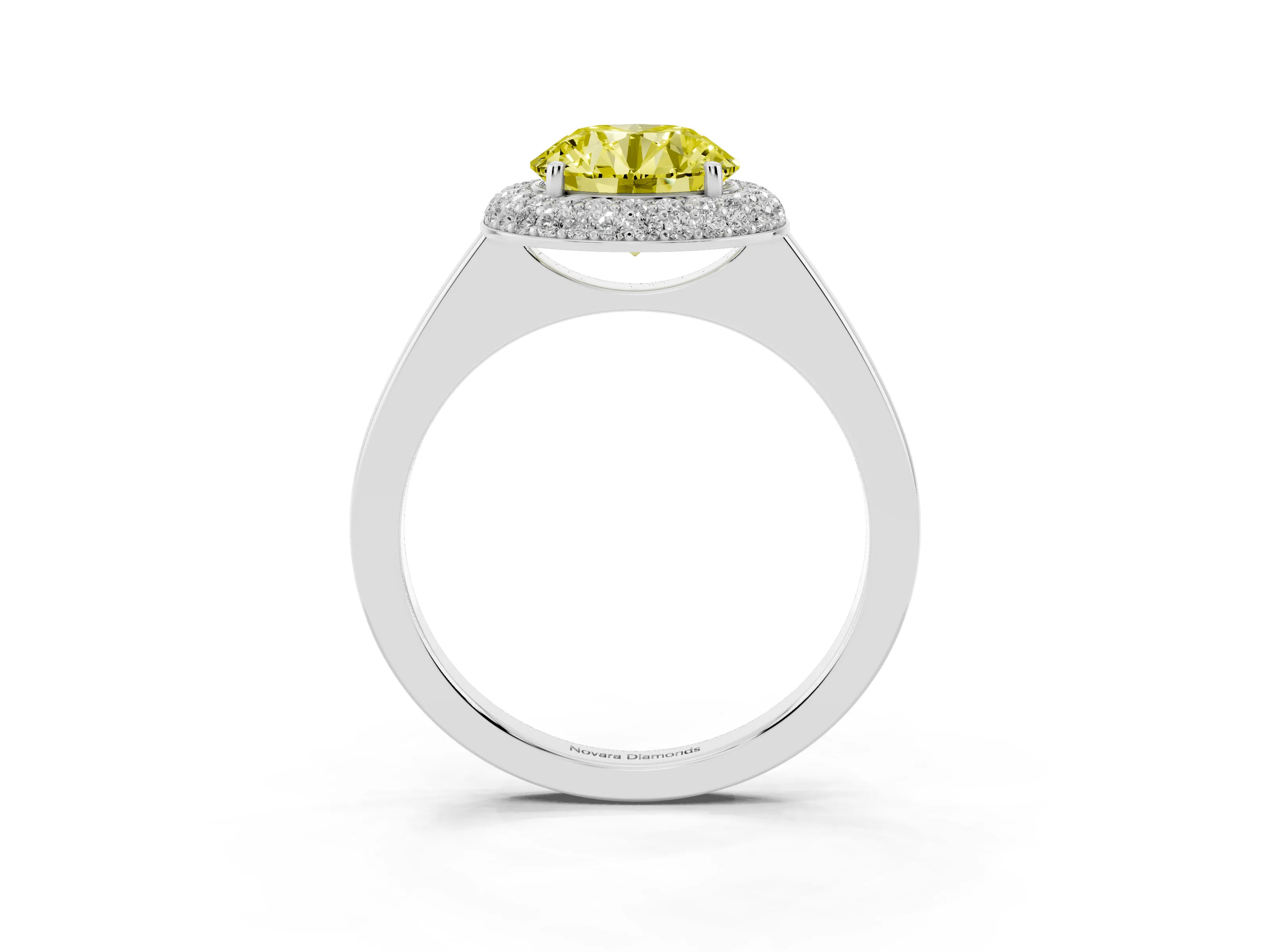 Fancy Yellow Round Cut Diamond Halo Engagement Ring Set in White gold with Solitaire Band and Prong Setting