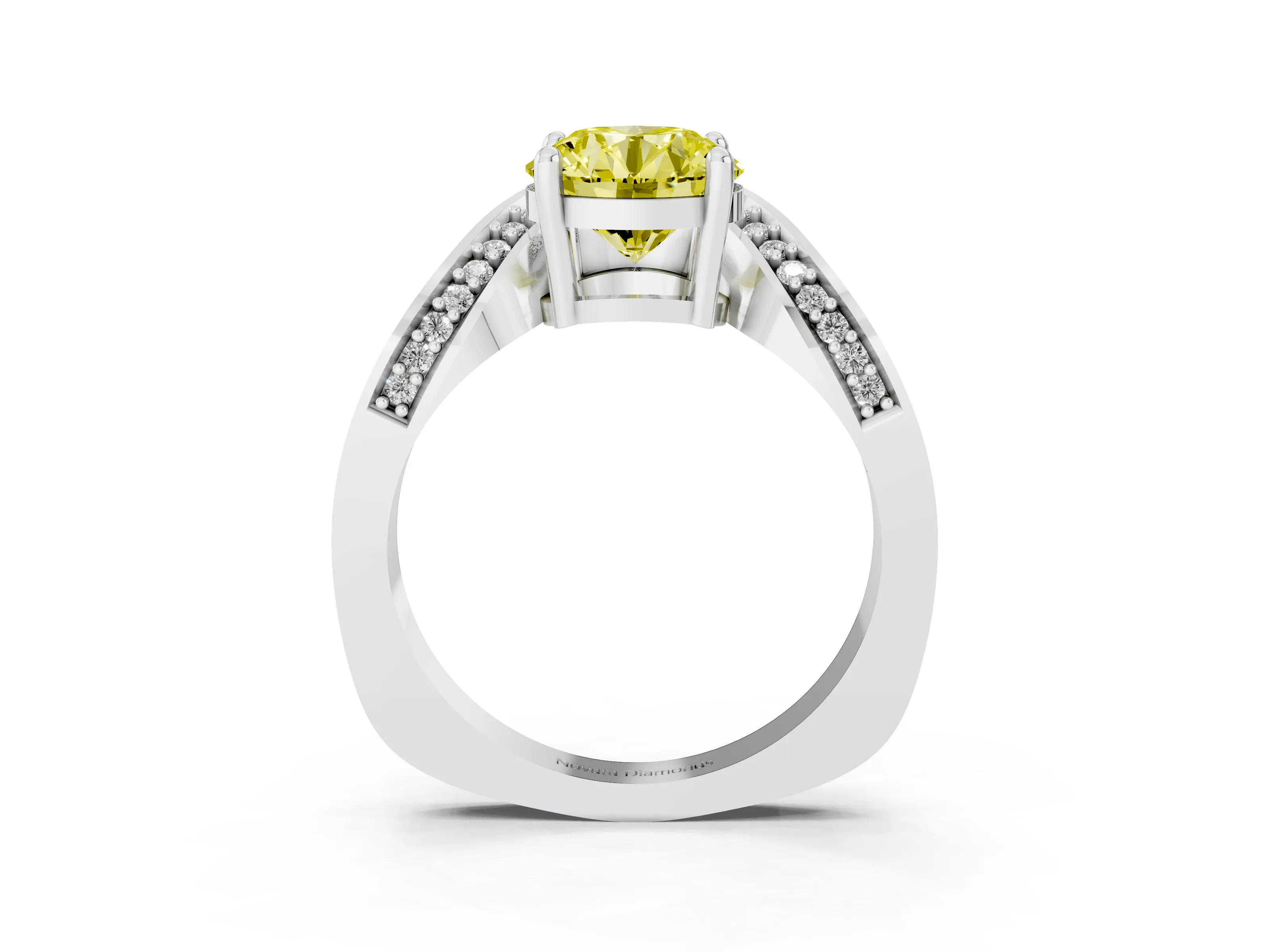 Fancy Yellow Round Cut Diamond Solitaire Engagement Ring Set in White gold with Pavé Shoulders