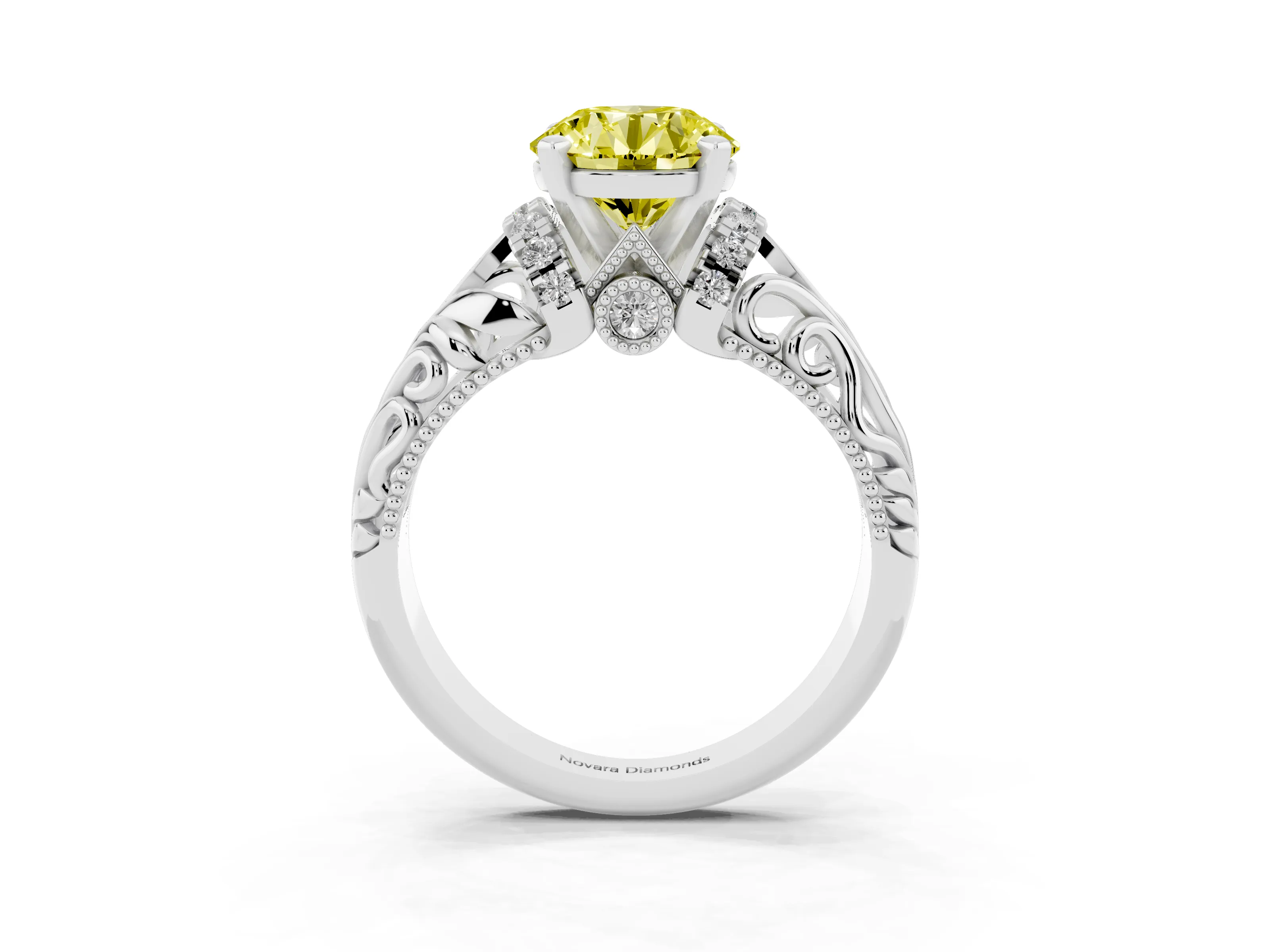 Fancy Yellow Round Cut Diamond Filigree Halo Engagement Ring Set in Platinum with Prong Setting