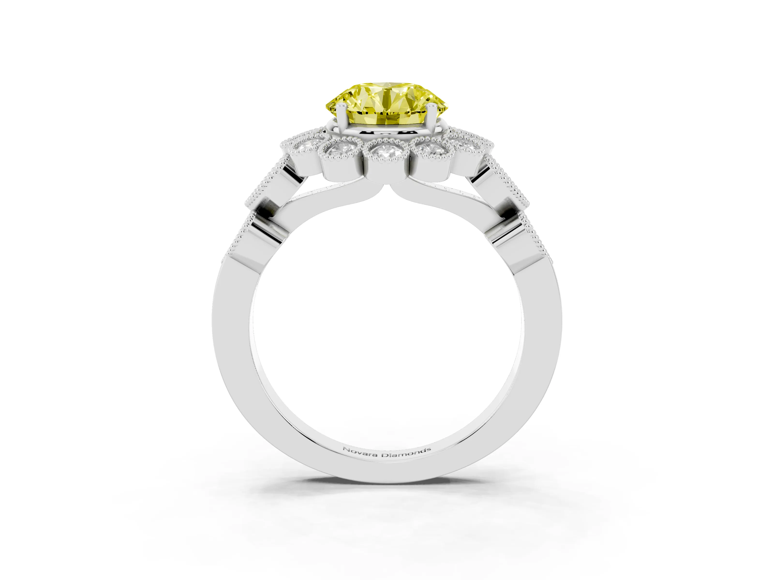 Fancy Yellow Round Cut Diamond Solitaire Ring Set in White gold with Milgrain Pavé Heart Band