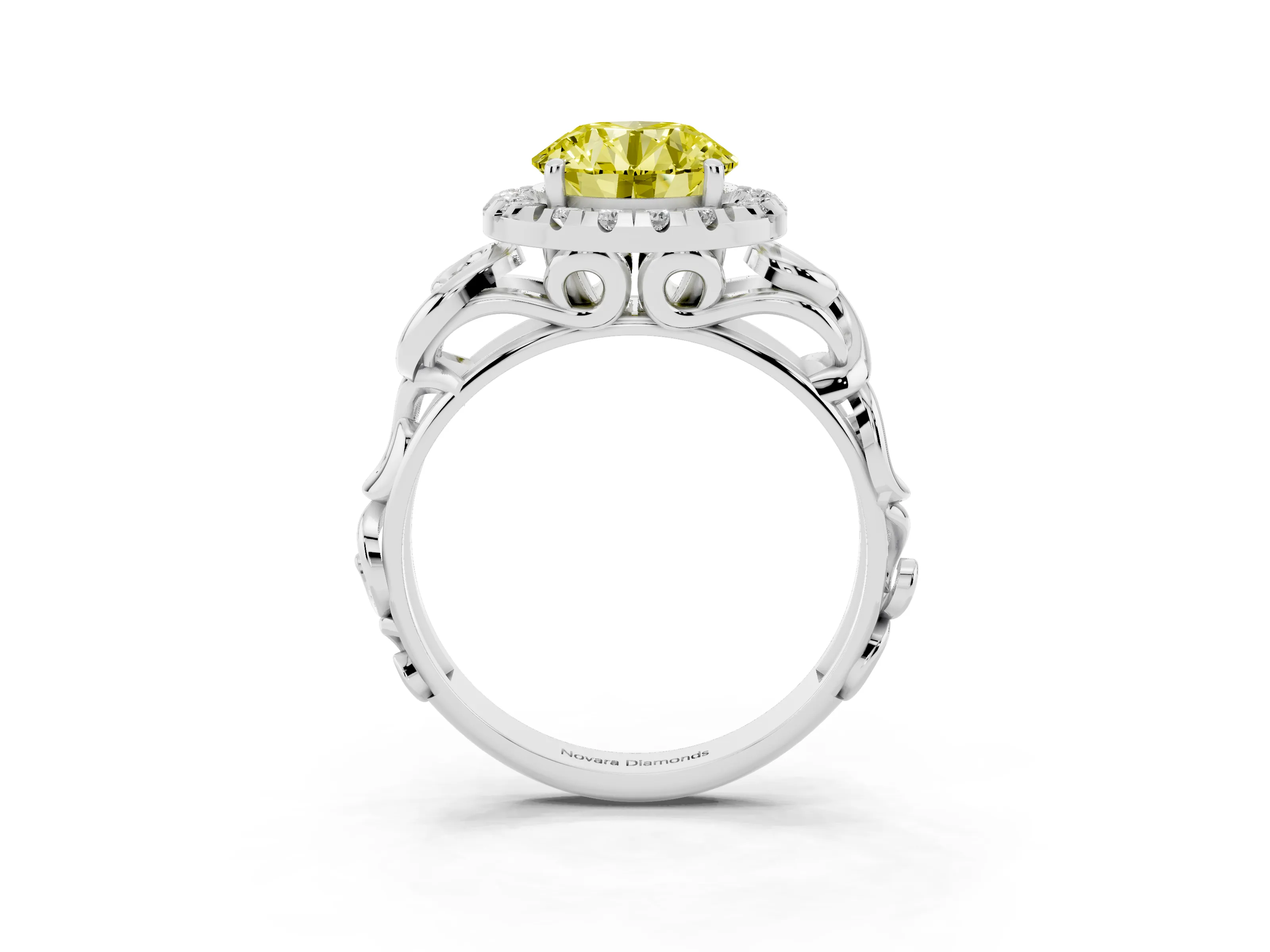 Fancy Yellow Round Cut Diamond Halo Ring Set in Platinum with Scrollwork Band and Prong Setting