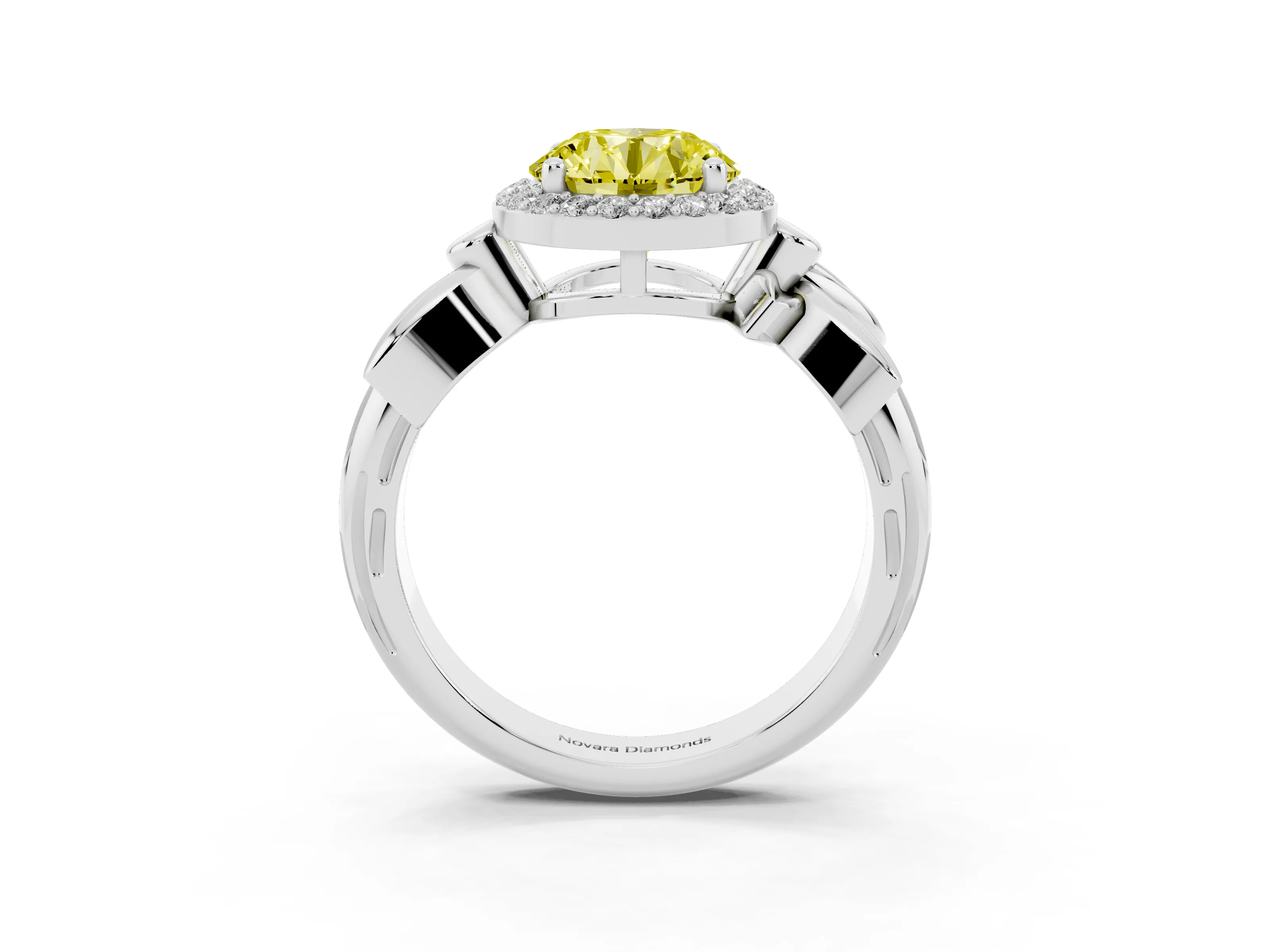 Fancy Yellow Round Cut Diamond Halo Floral Band Ring Set in Silver with Prong Setting
