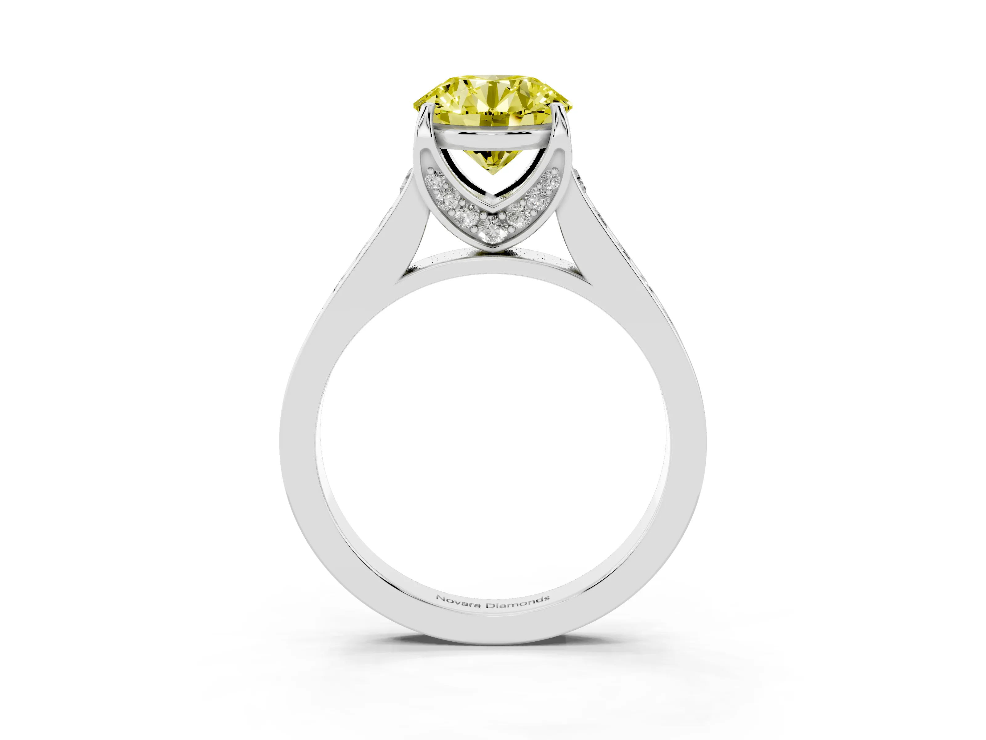 Fancy Yellow Round Cut Diamond Solitaire Pavé Engagement Ring Set in White gold with Prong Setting