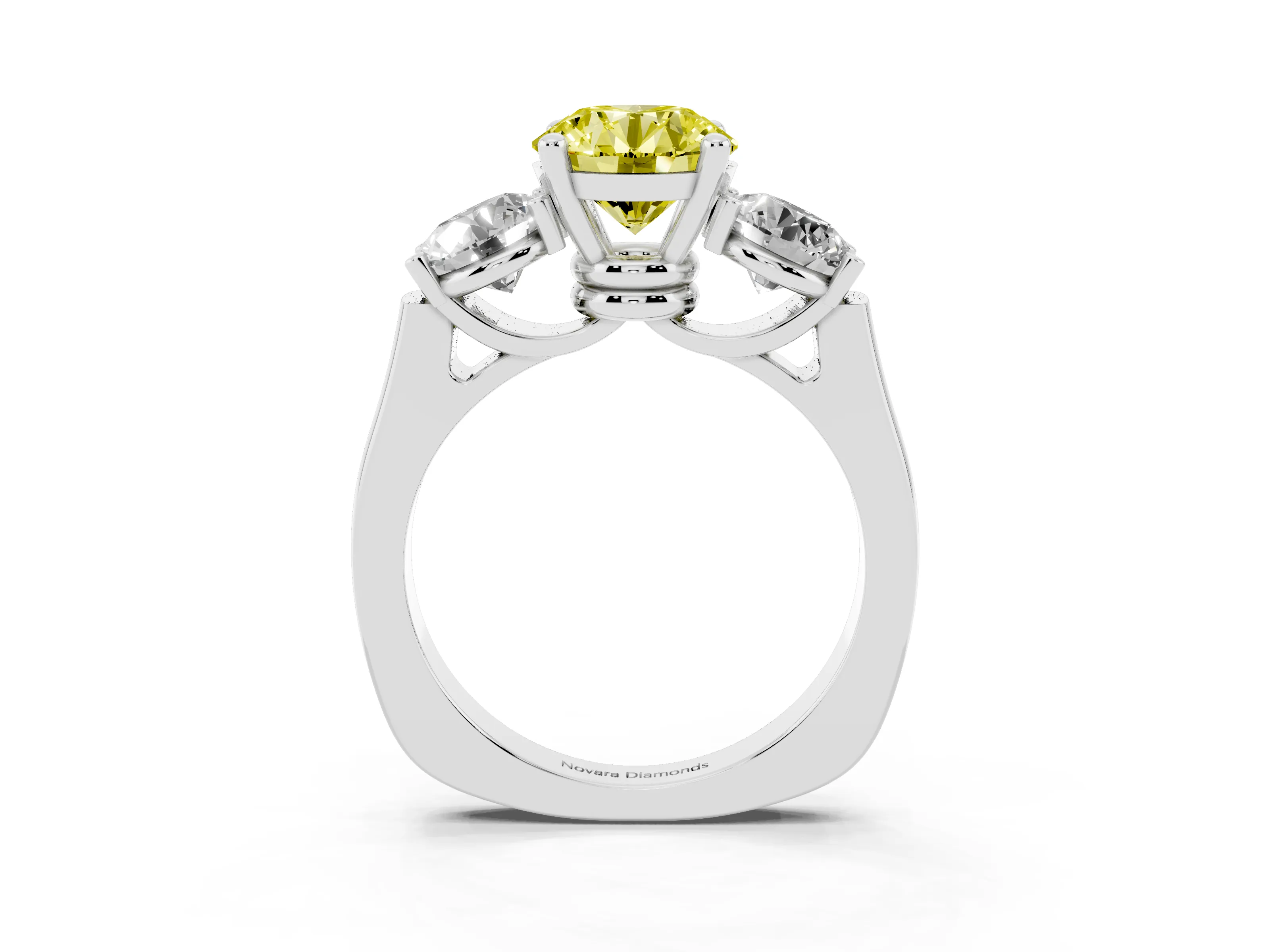 Fancy Yellow Round Cut Diamond Three-Stone Trellis Ring Set in Platinum with Comfort Fit Band