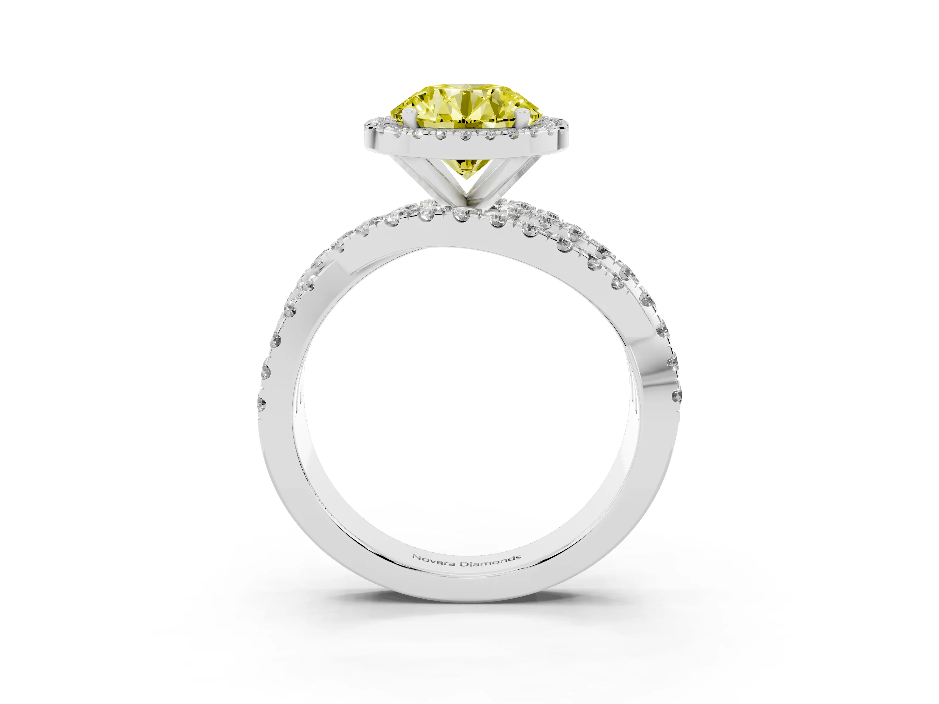 Fancy Yellow Round Cut Diamond Halo Ring Set in Platinum with Round Crossover Split Shank and Prong Setting