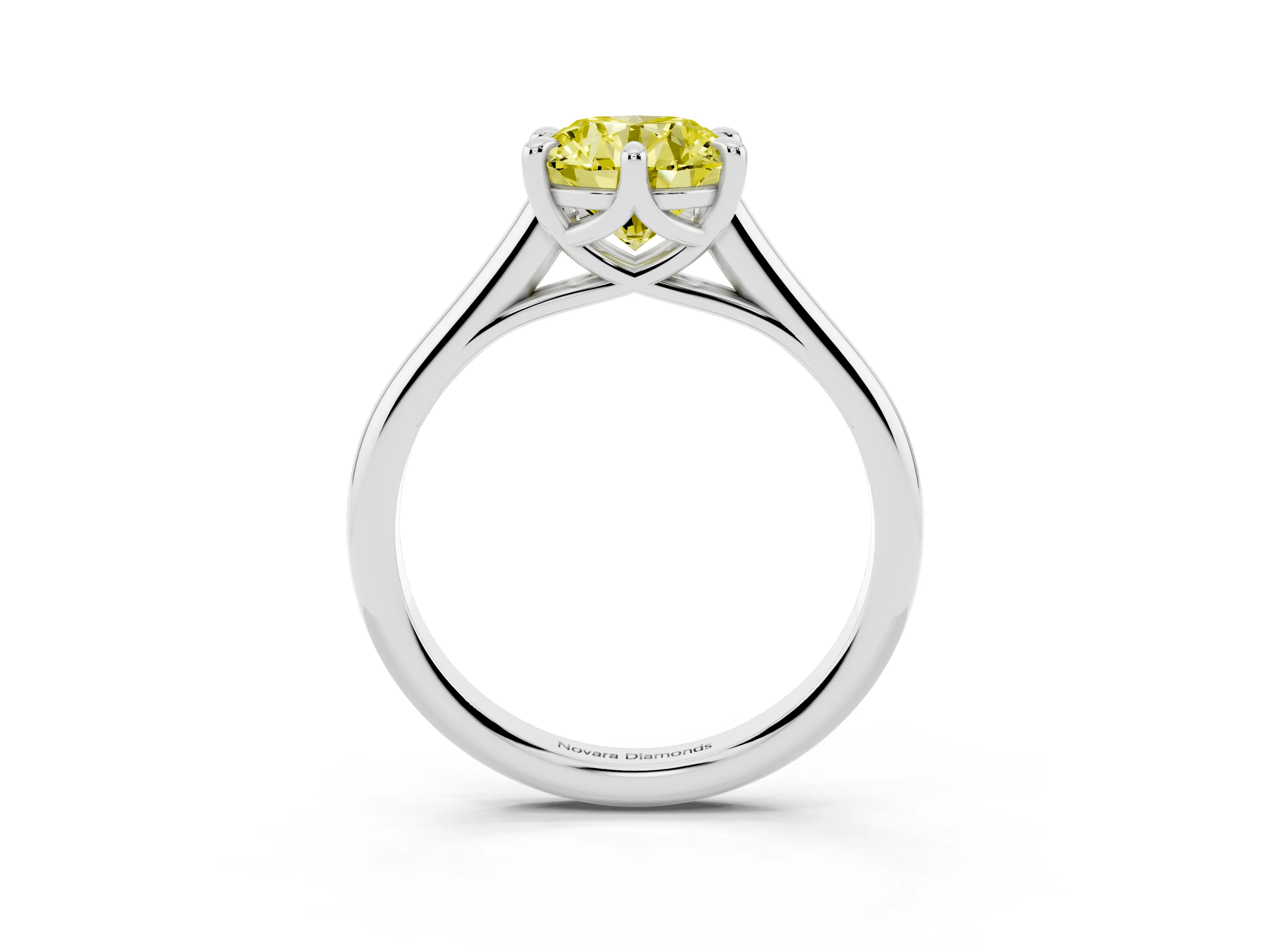 Fancy Yellow Round Cut Diamond Solitaire Engagement Ring Set in White gold with Prong Setting and Plain Classic Band