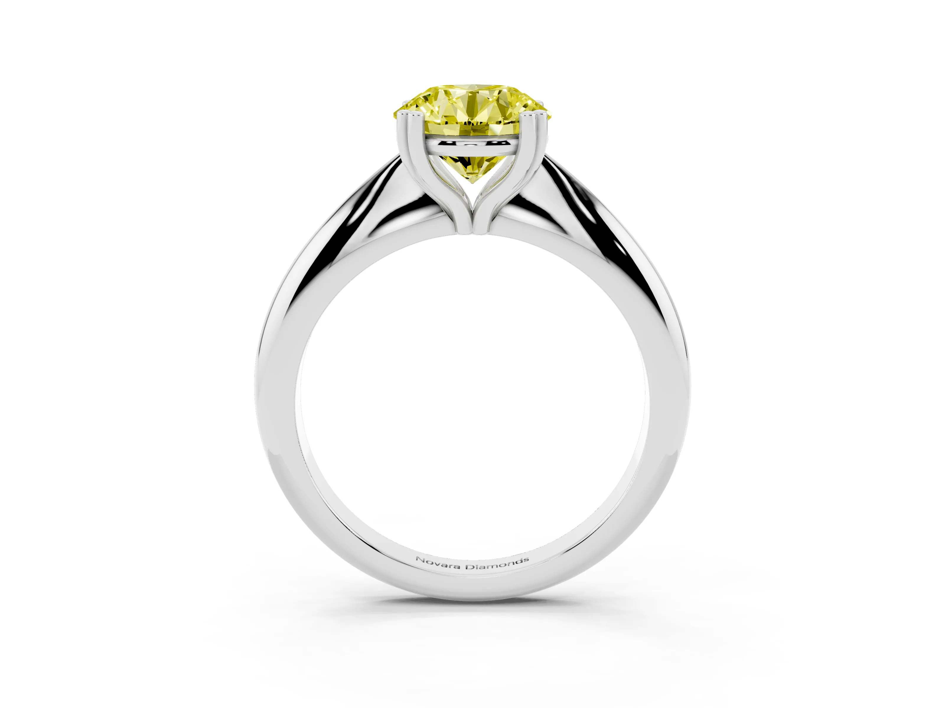 Fancy Yellow Round Cut Diamond Solitaire Engagement Ring Set in White gold with Tapered Band and Prong Setting