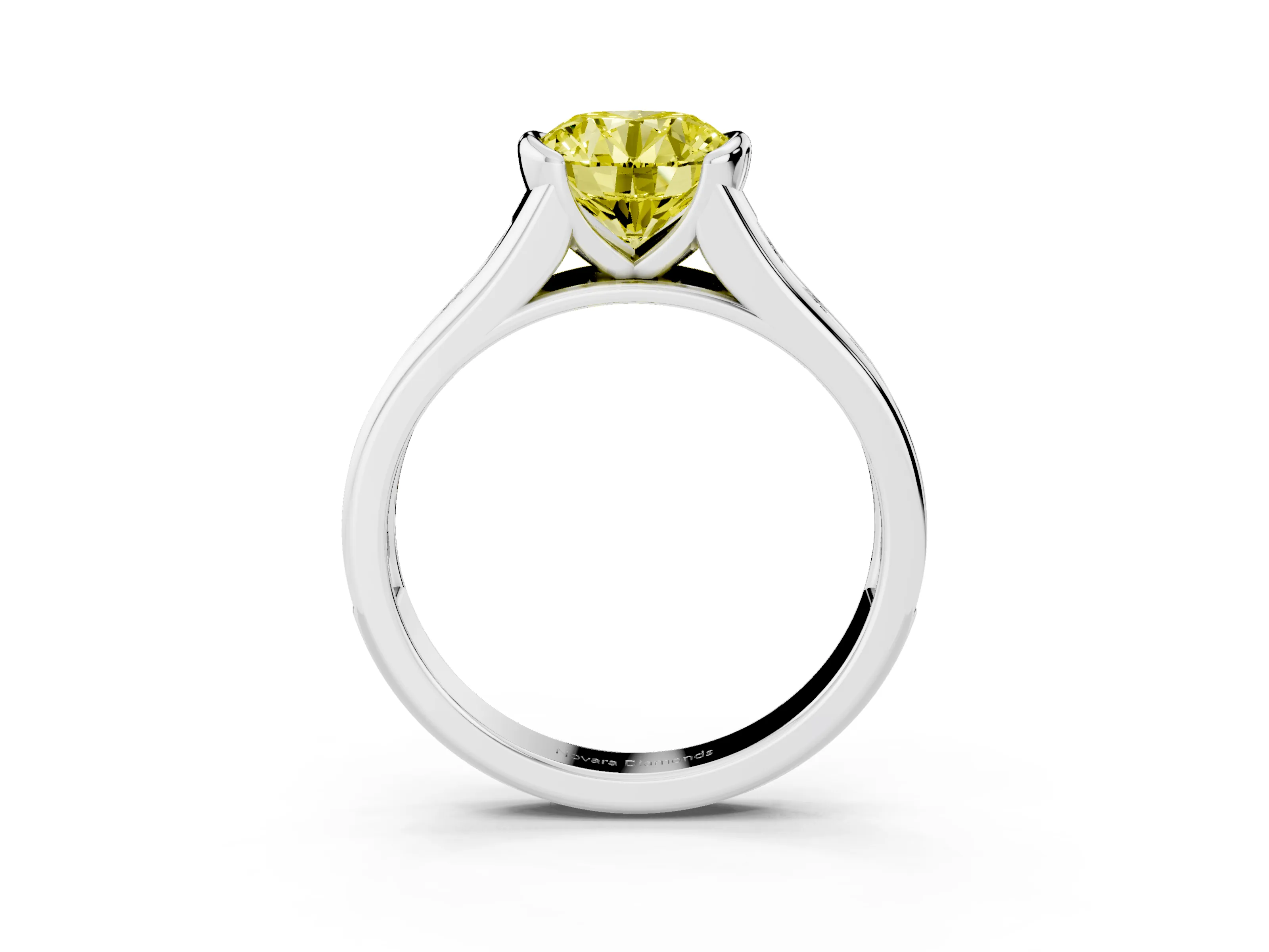 Fancy Yellow Round Cut Diamond Bezel-Set Solitaire Ring Set in White gold with Channel-Set Band