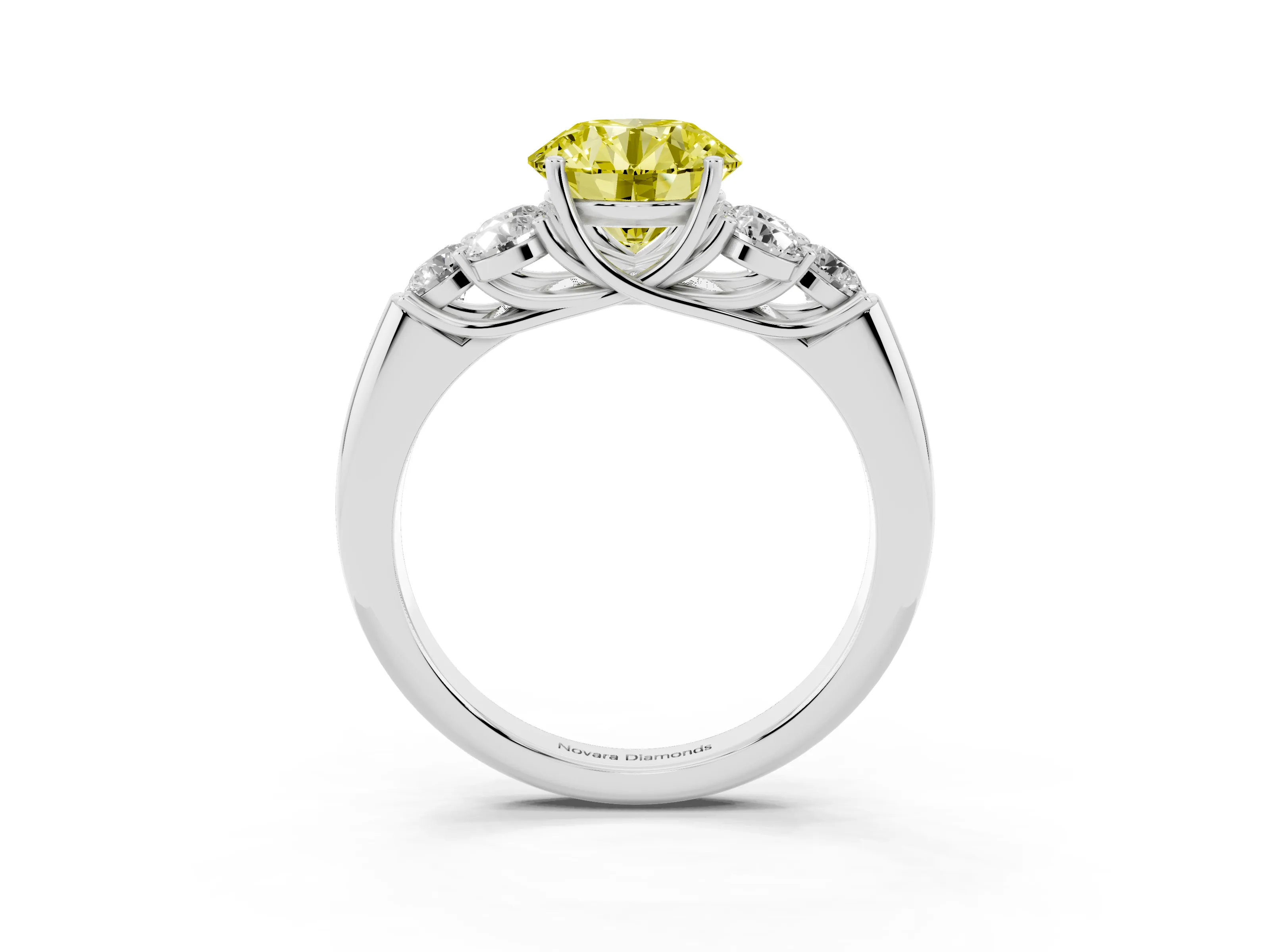 Fancy Yellow Round Cut Diamond Cluster Ring Set in Platinum with Round Accent Stones and Prong Setting on a Plain Band