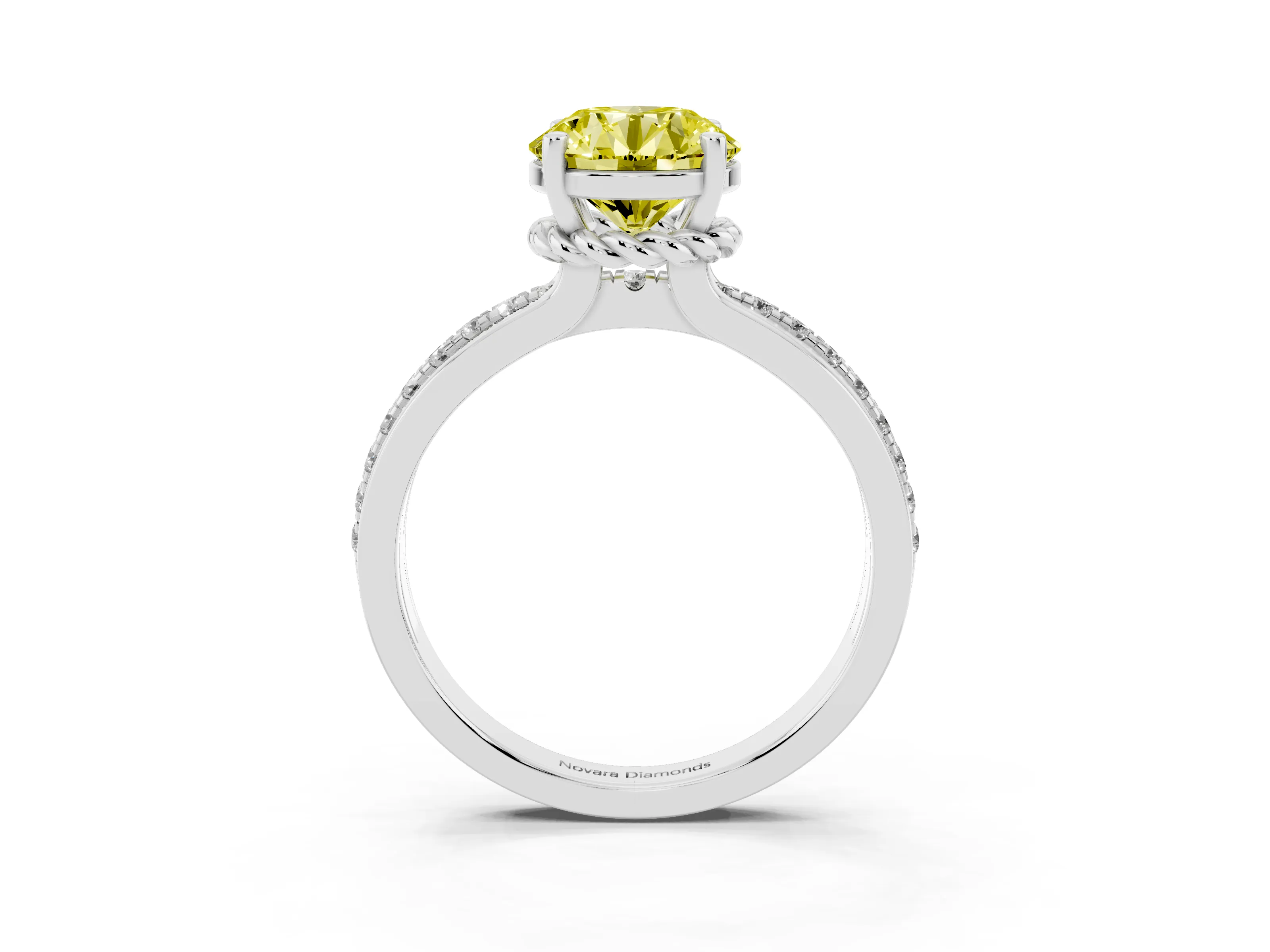 Fancy Yellow Round Cut Diamond Solitaire Ring Set in Silver with Channel Set Band and Prong Setting