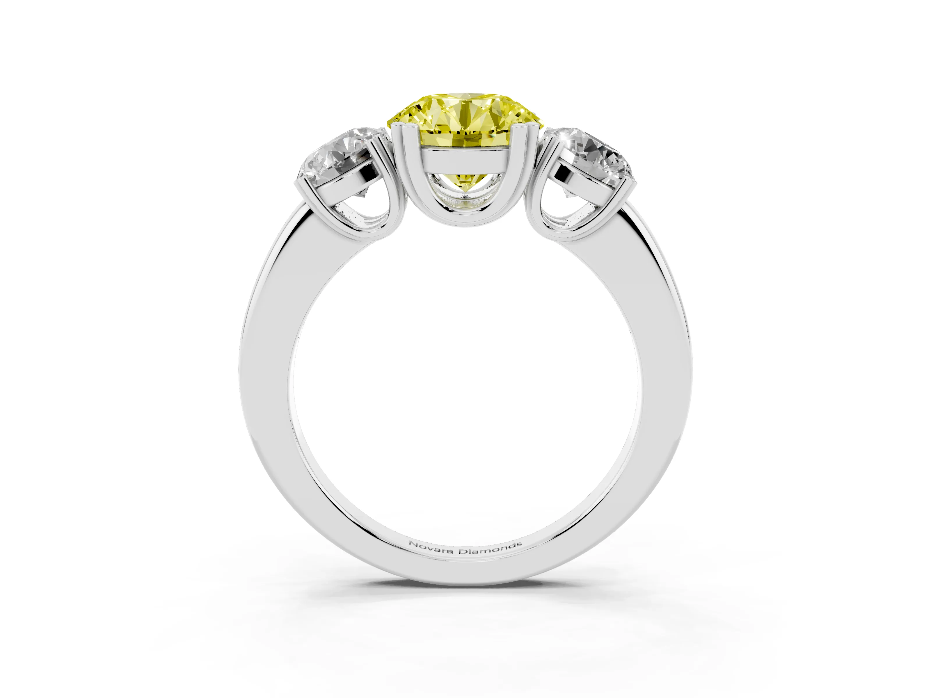 Fancy Yellow Round Cut Diamond Three-Stone Ring Set in White gold with Polished Channel-Set Band