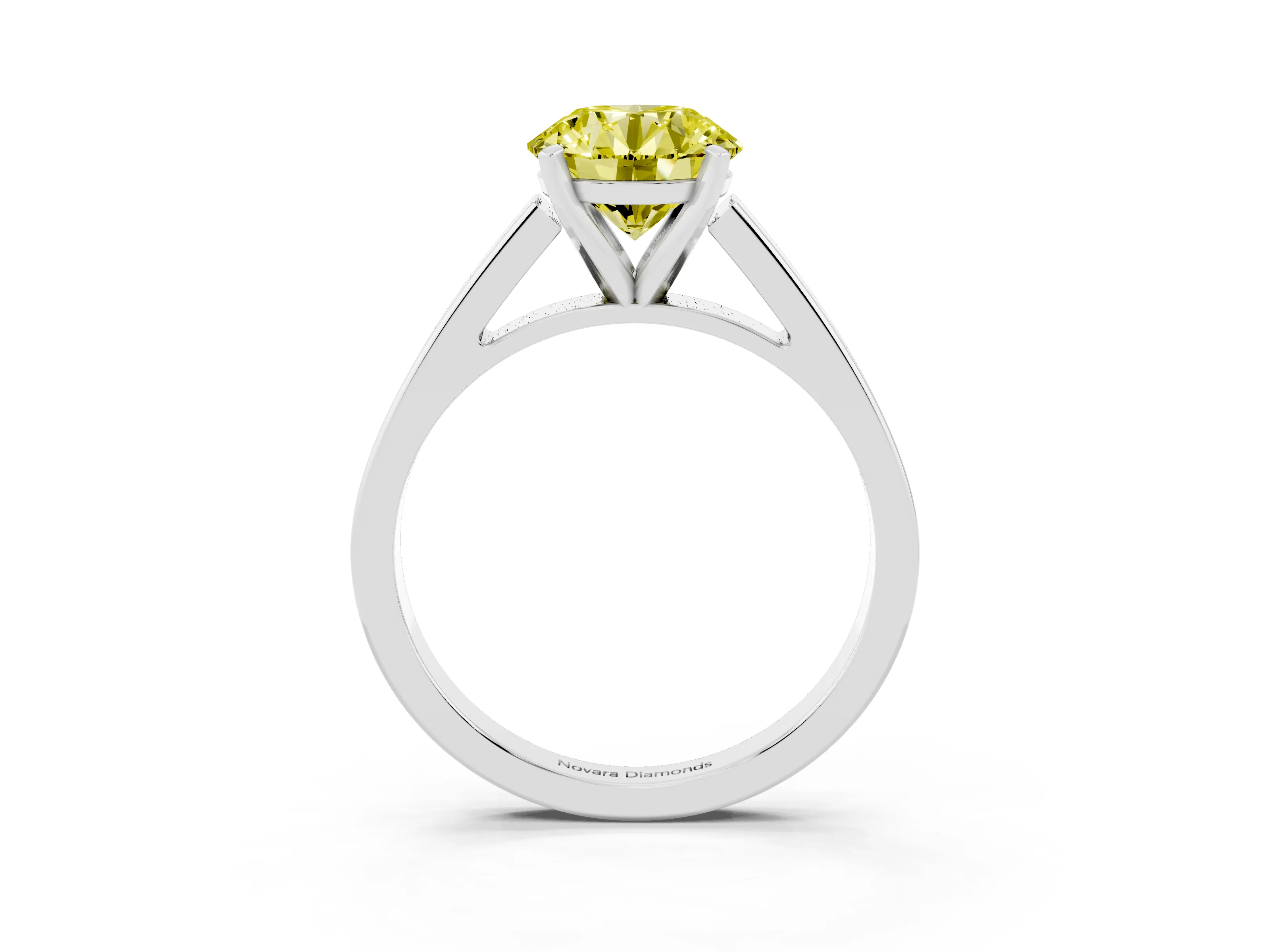 Fancy Yellow Round Cut Diamond Solitaire Engagement Ring Set in White gold with Prong Setting and Tapered Band