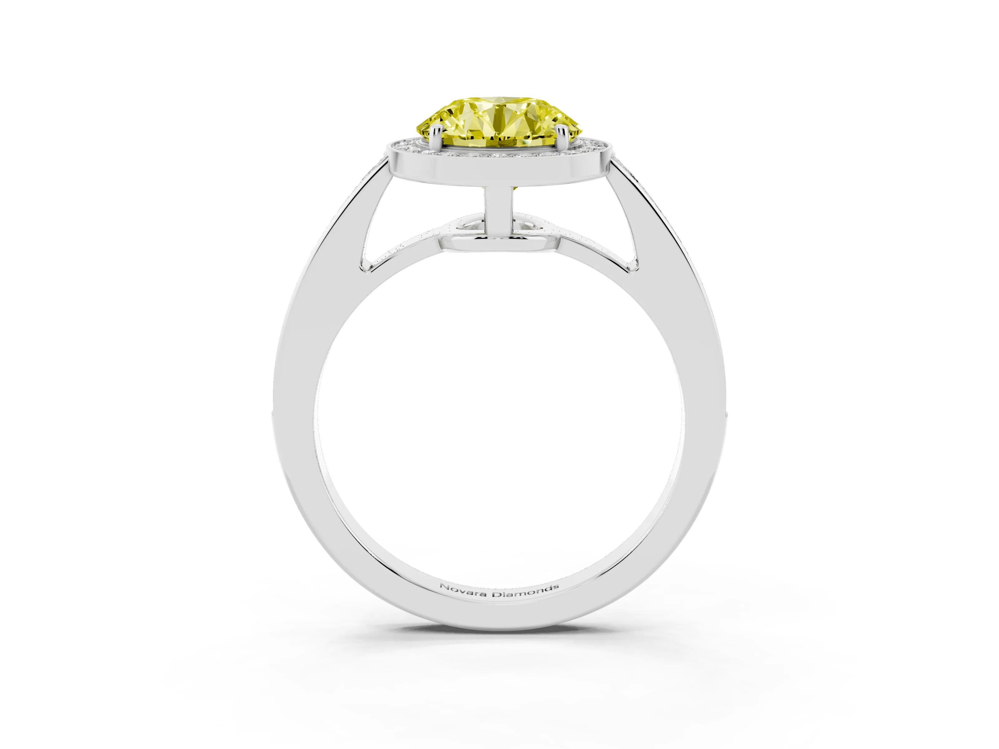 Fancy Yellow Round Cut Diamond Halo Pavé Engagement Ring Set in Platinum with Bezel Setting