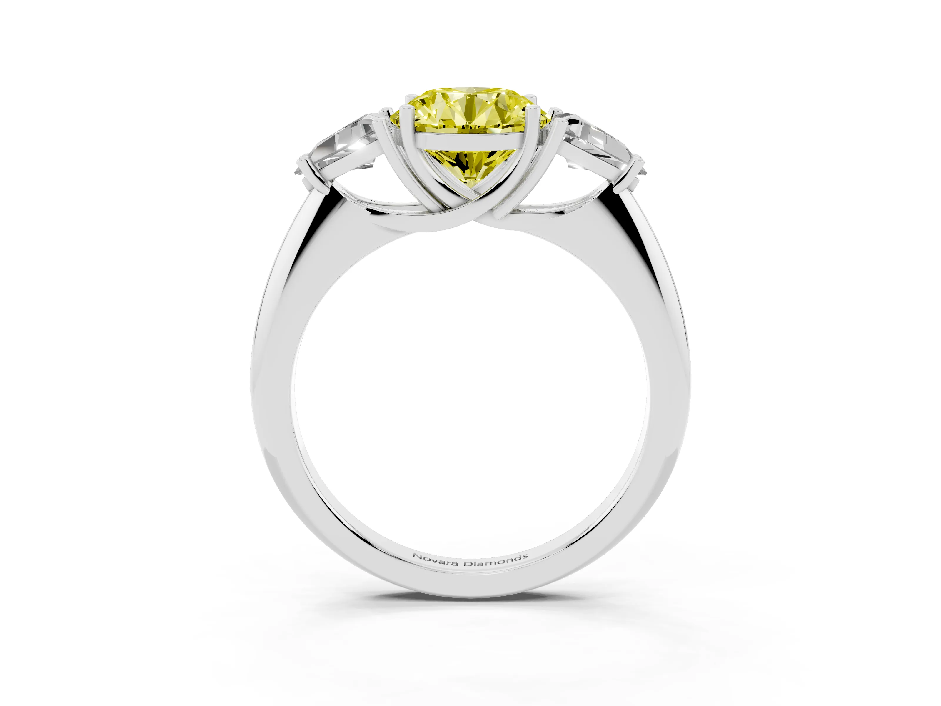 Fancy Yellow Round Cut Diamond Three-Stone Engagement Ring Set in White gold with Trillion Side Stones