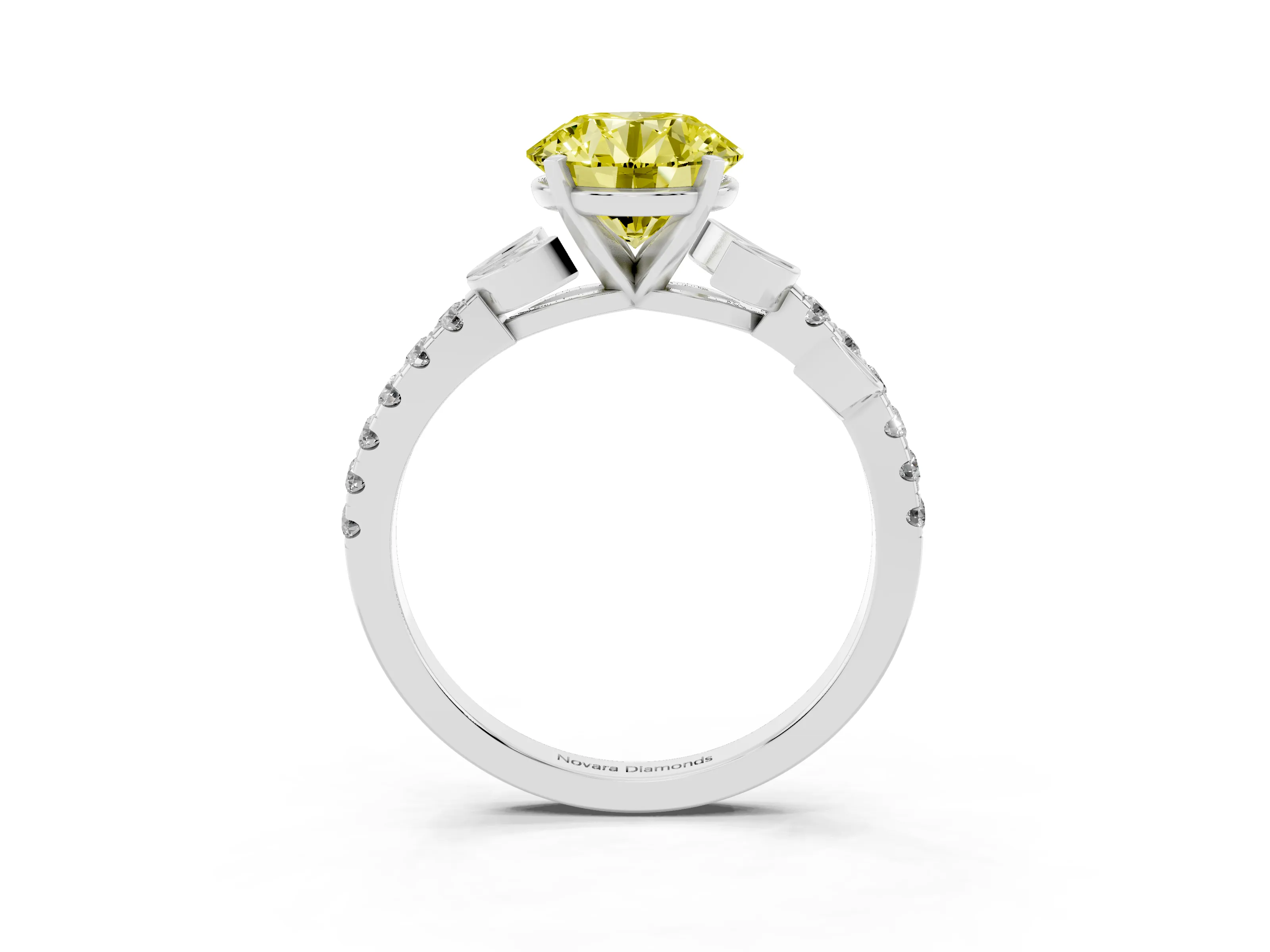 Fancy Yellow Round Cut Diamond Solitaire Leaf-Inspired Ring Set in Platinum with Pavé Band and Prong Setting