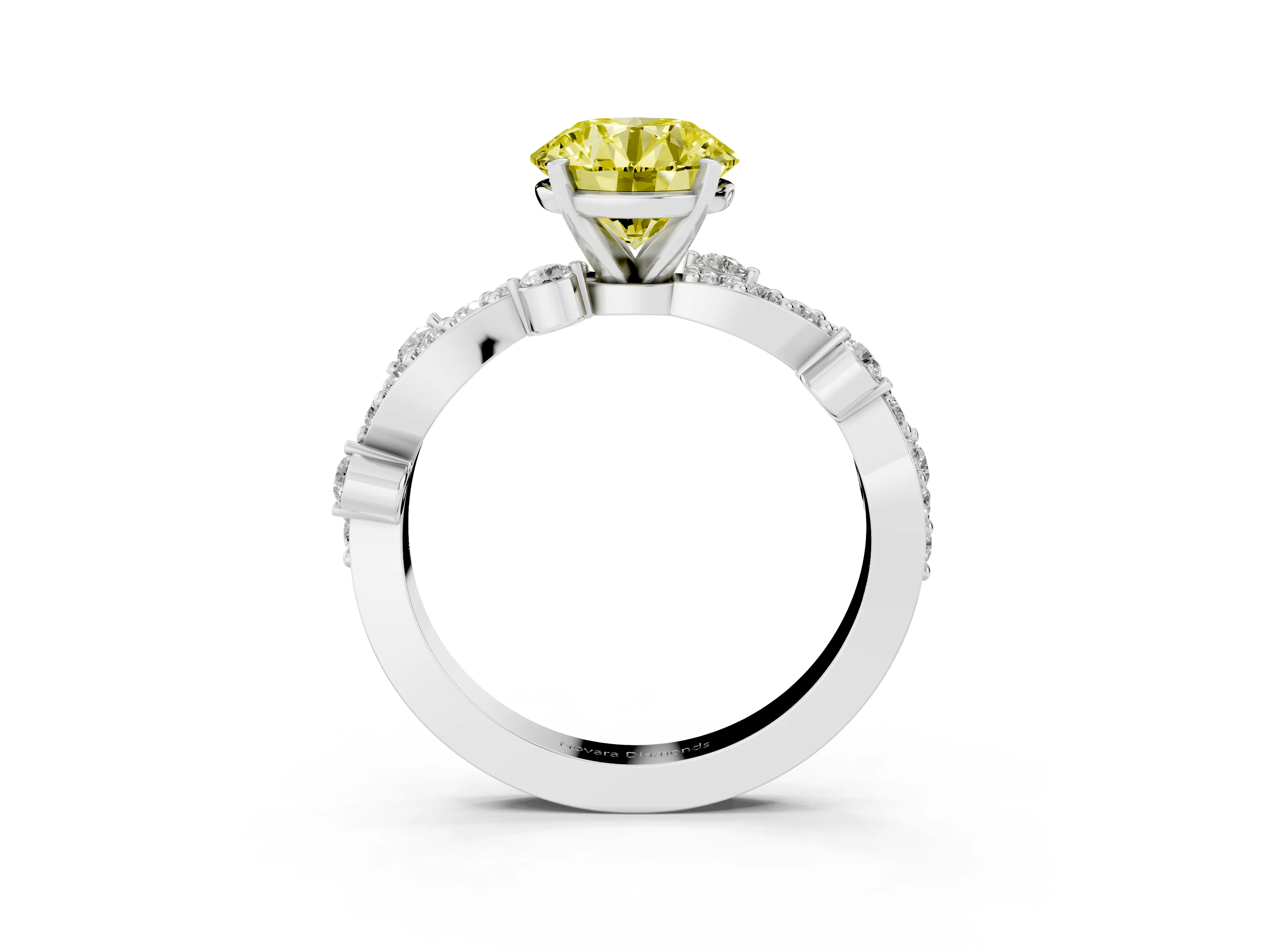 Fancy Yellow Round Cut Diamond Solitaire Twisted Band Set in Platinum with Pavé Setting