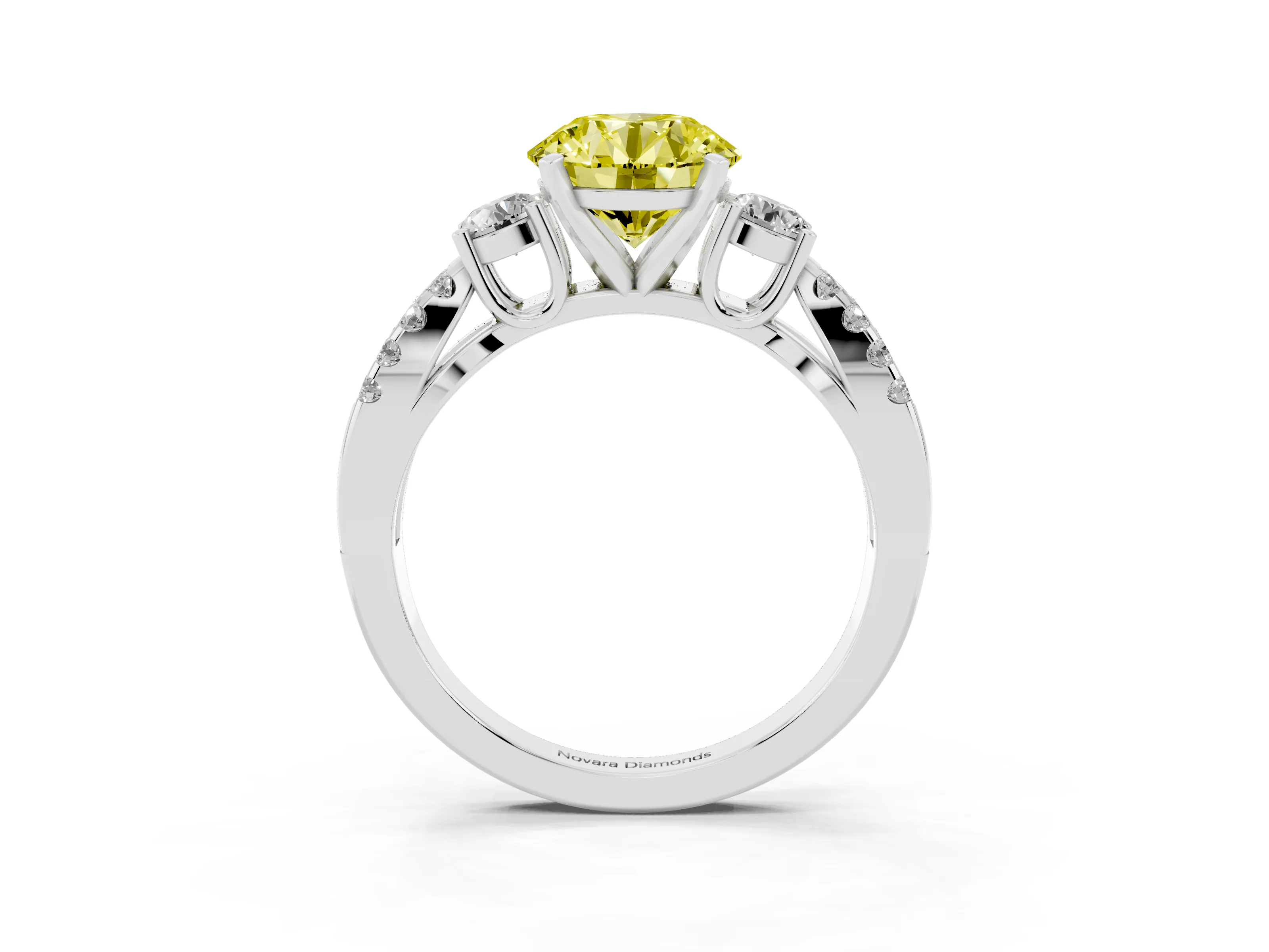 Fancy Yellow Round Cut Diamond Three-Stone Ring Set in White gold with Pavé Split Shank and Prong Setting