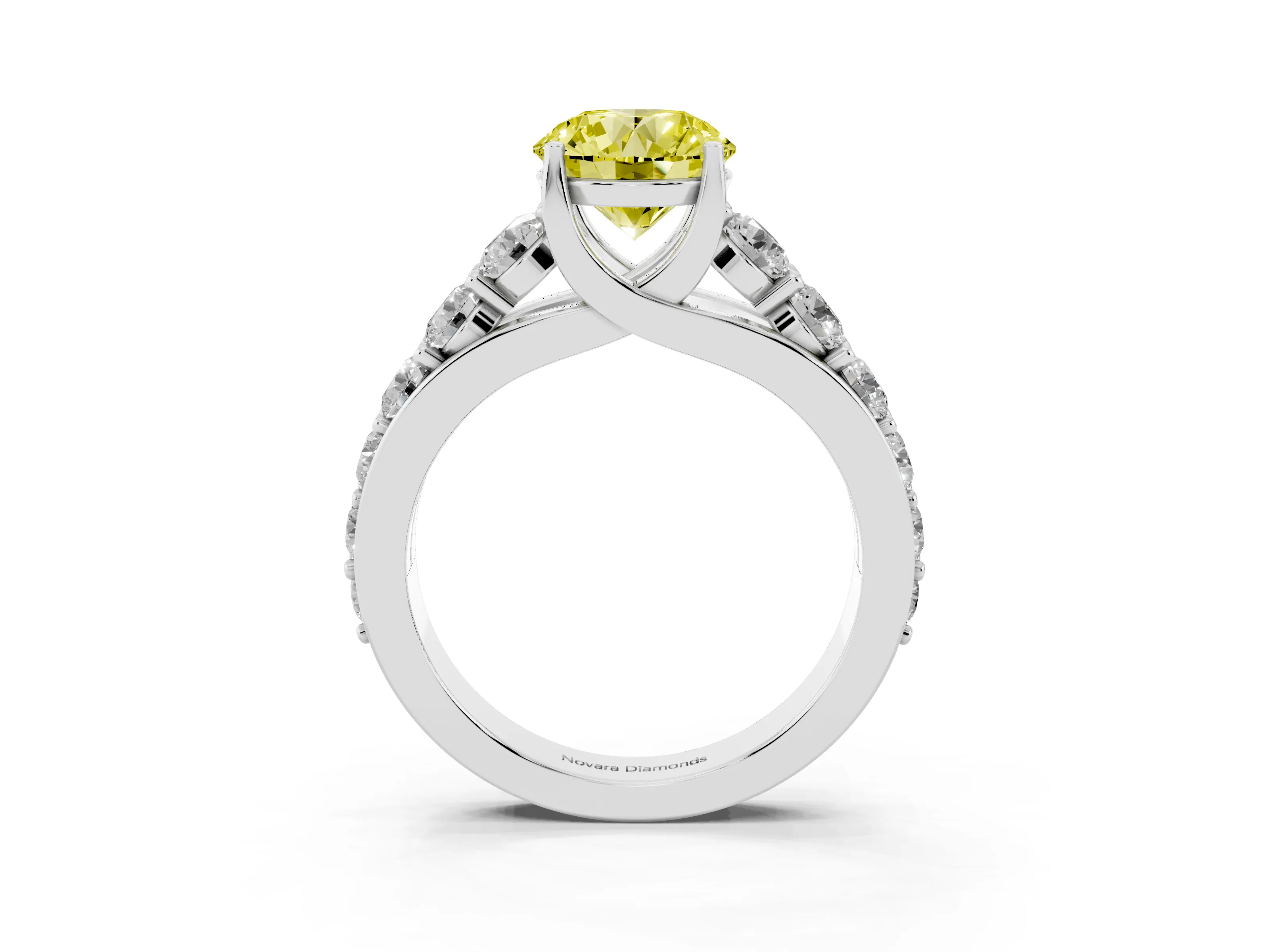 Fancy Yellow Round Cut Diamond Pavé Engagement Ring Set in Silver with Prong Setting