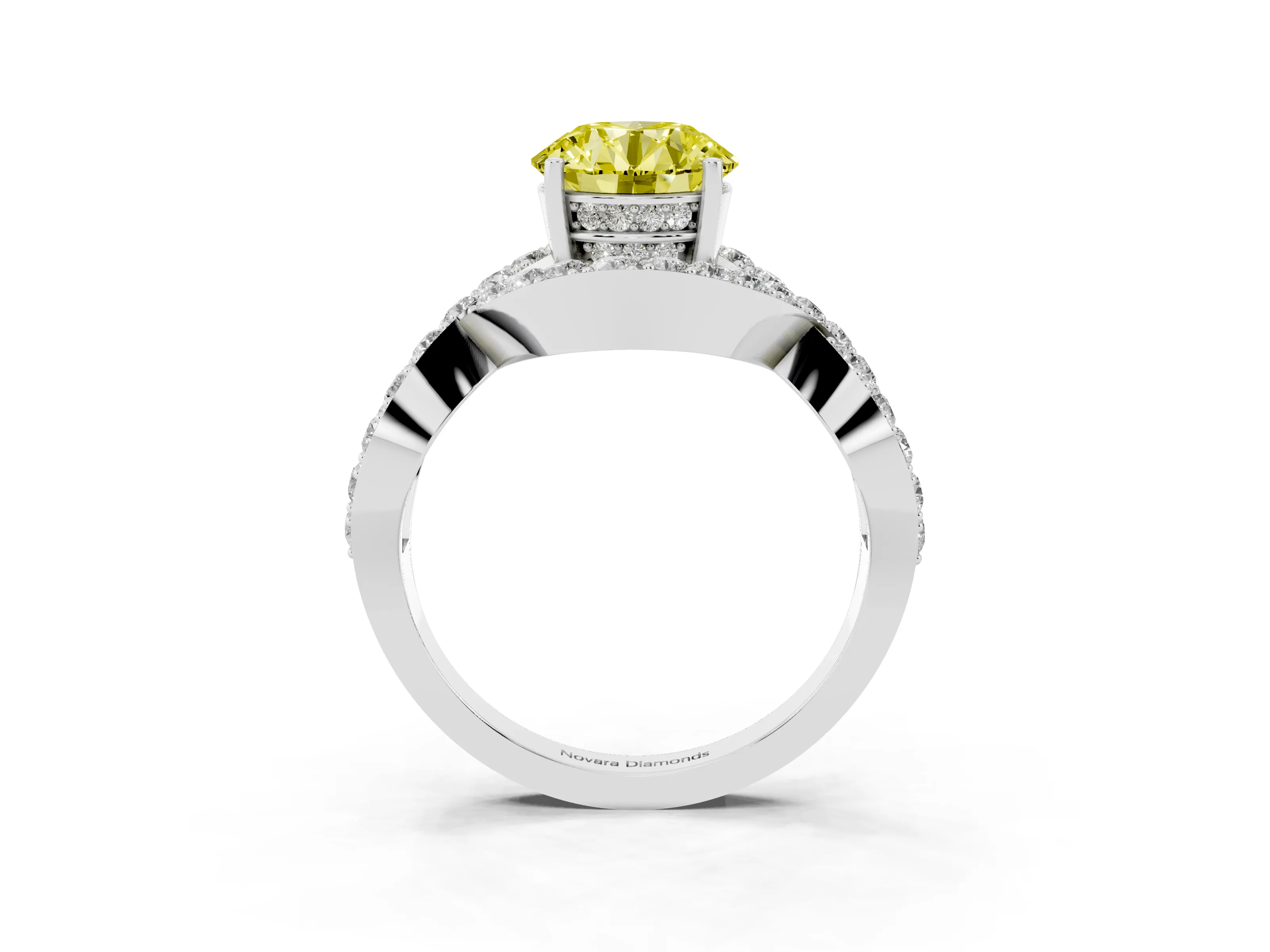 Fancy Yellow Round Cut Diamond Solitaire Twist Band Pavé Engagement Ring Set in Platinum