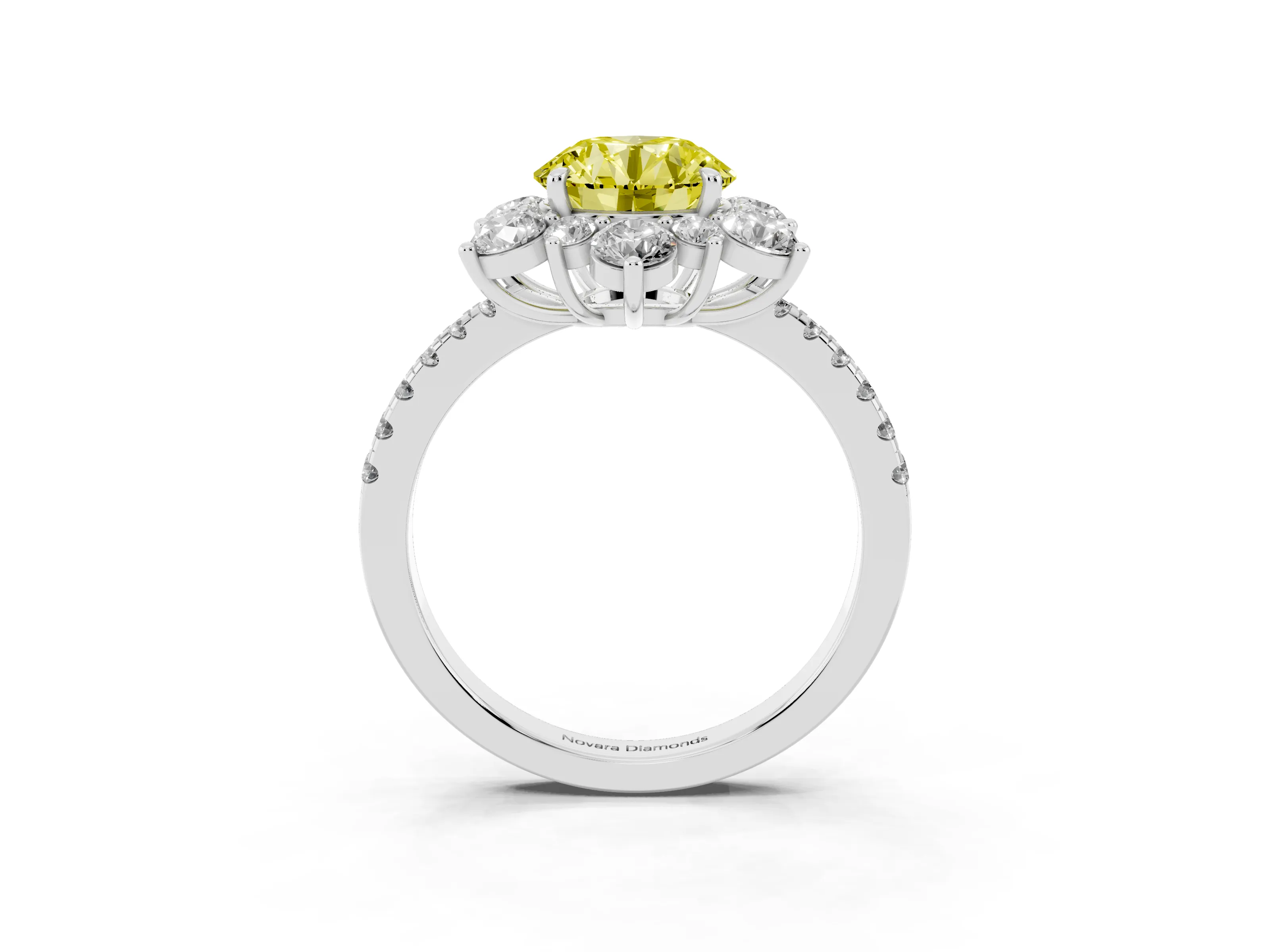 Fancy Yellow Round Cut Diamond Floral Halo Ring Set in Platinum with Round Pavé Band and Prong Setting