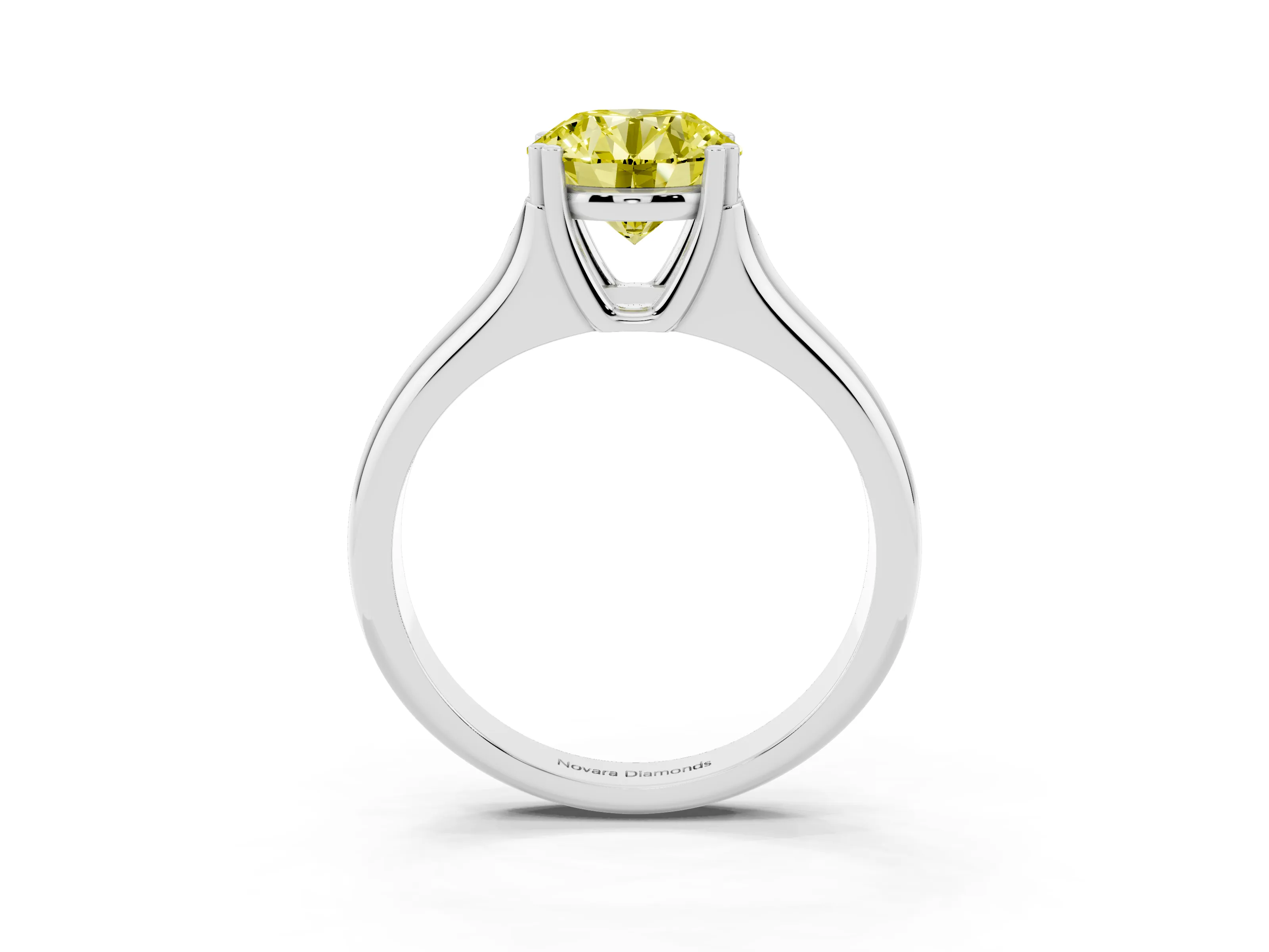 Fancy Yellow Round Cut Diamond Solitaire Ring Set in Platinum with Wide Band and Prong Setting